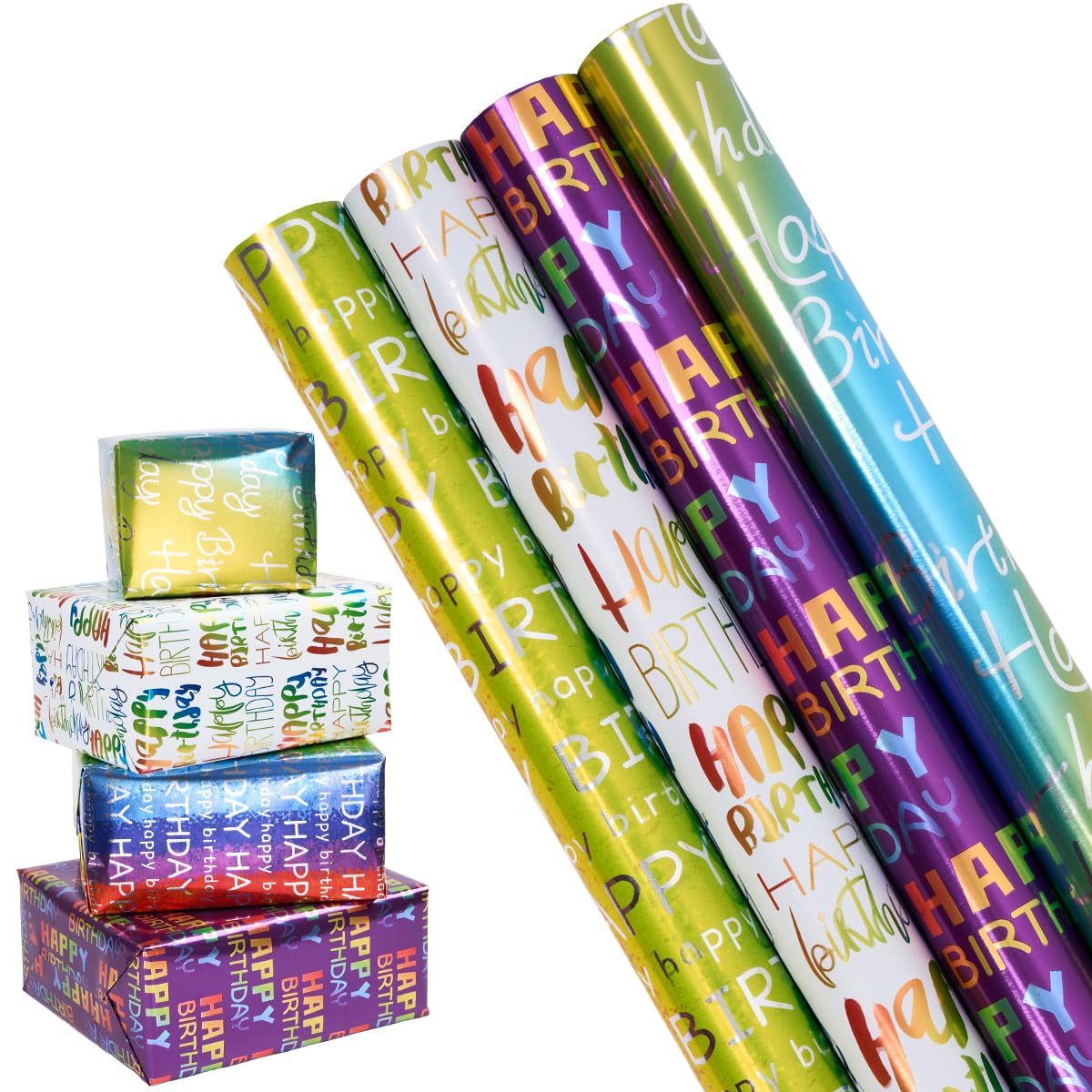 4 Rolls Birthday Gift Wrapping Paper, 43cm x 3M Recyclable Gift Wrap Paper Multi-color Paper for Men Women