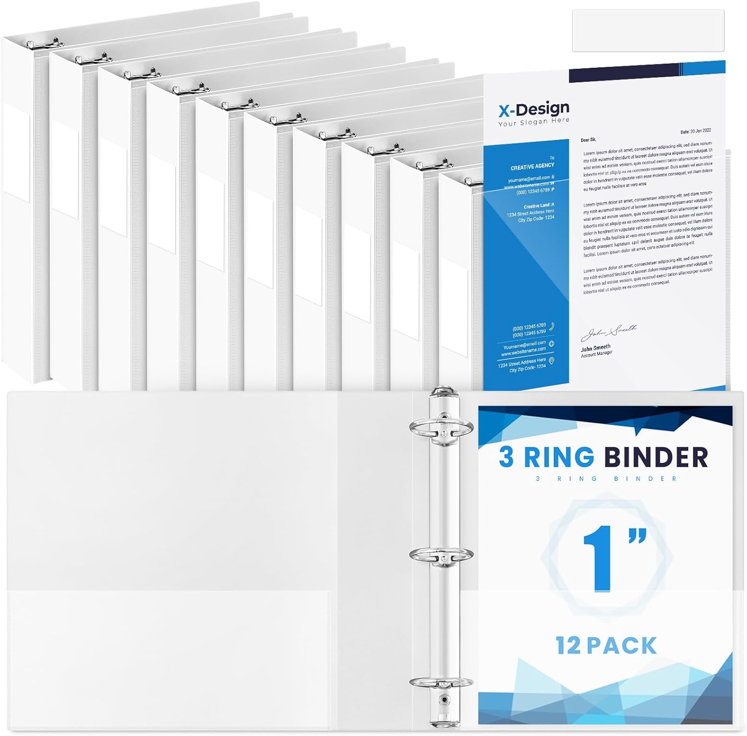 Henoyso 12 Pcs 1 Inch 3 Ring Flexible Poly Binders Bulk, White Plastic Telescoping 3 Ring Binder with Clear Front Cover and 2 Inner Pockets, Holds 240 Sheets 8.5"x11" Paper for School Office Home