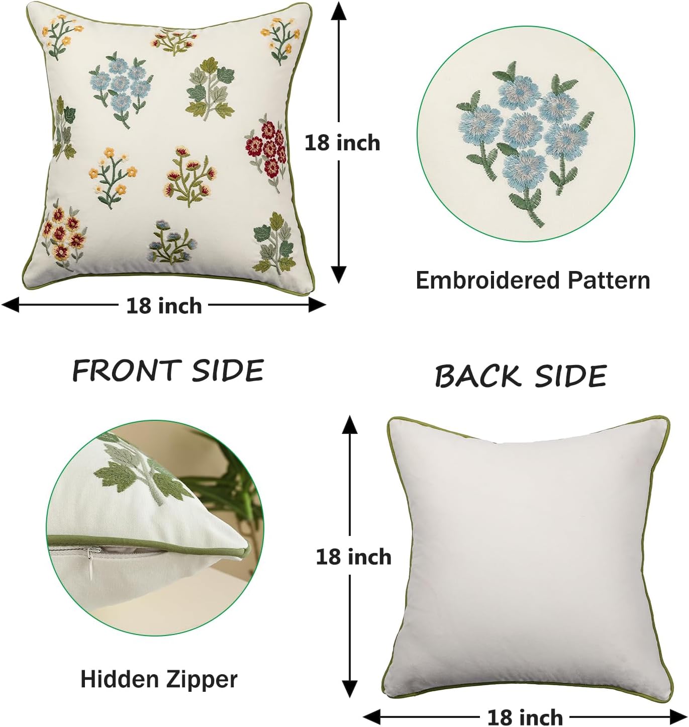 Embroidered Pillow Covers 18x18 inch Pack of 2 Multiflower Decorative Throw Pillow Covers Farmhouse Boho Pillowcases Spring Summer Pillow Cushion Cases Home Decor Square Floral Pillow Case