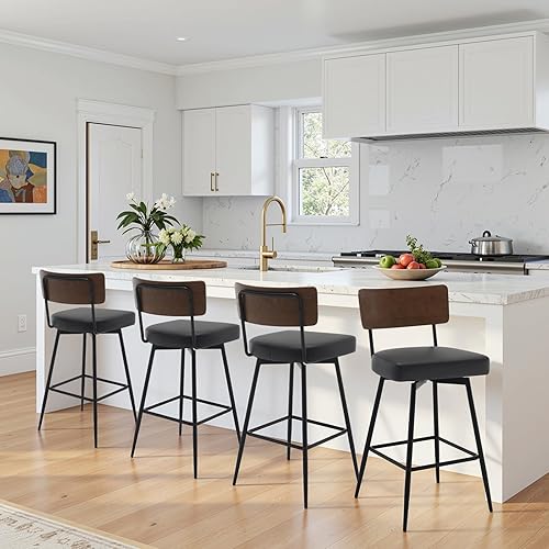 Miniatura 19 de Juego de 2 taburetes de bar giratorios de 26 pulgadas de altura de mostrador con respaldo de madera, taburetes de bar tapizados de piel sintética