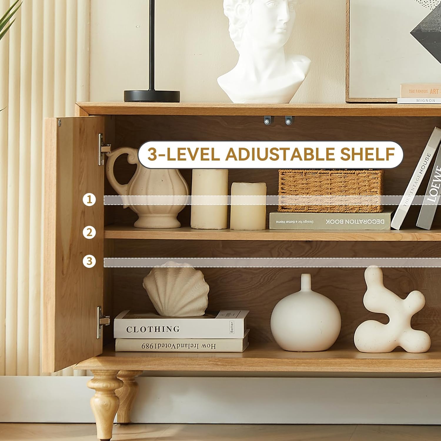 63" Sideboard Buffet Cabinet with Storage, 4 Doors Modern Credenza Storage Cabinet with Adjustable Shelves Accent Storage Cabinets Console Table for Kitchen, Living Room, Entryway, Natural