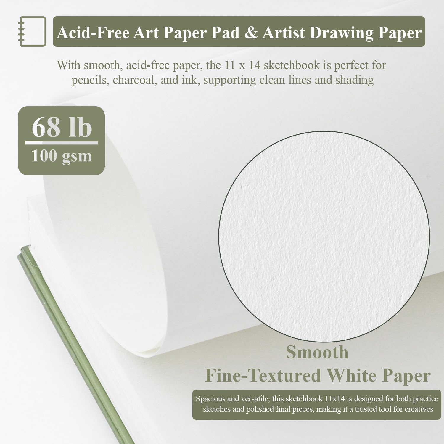 SuFly 11x14 Sketchbook, 100 Sheets Hardcover Sketch Book, 68lb/100gsm Artist Paper, Drawing Books for Teens & Art Gifts.