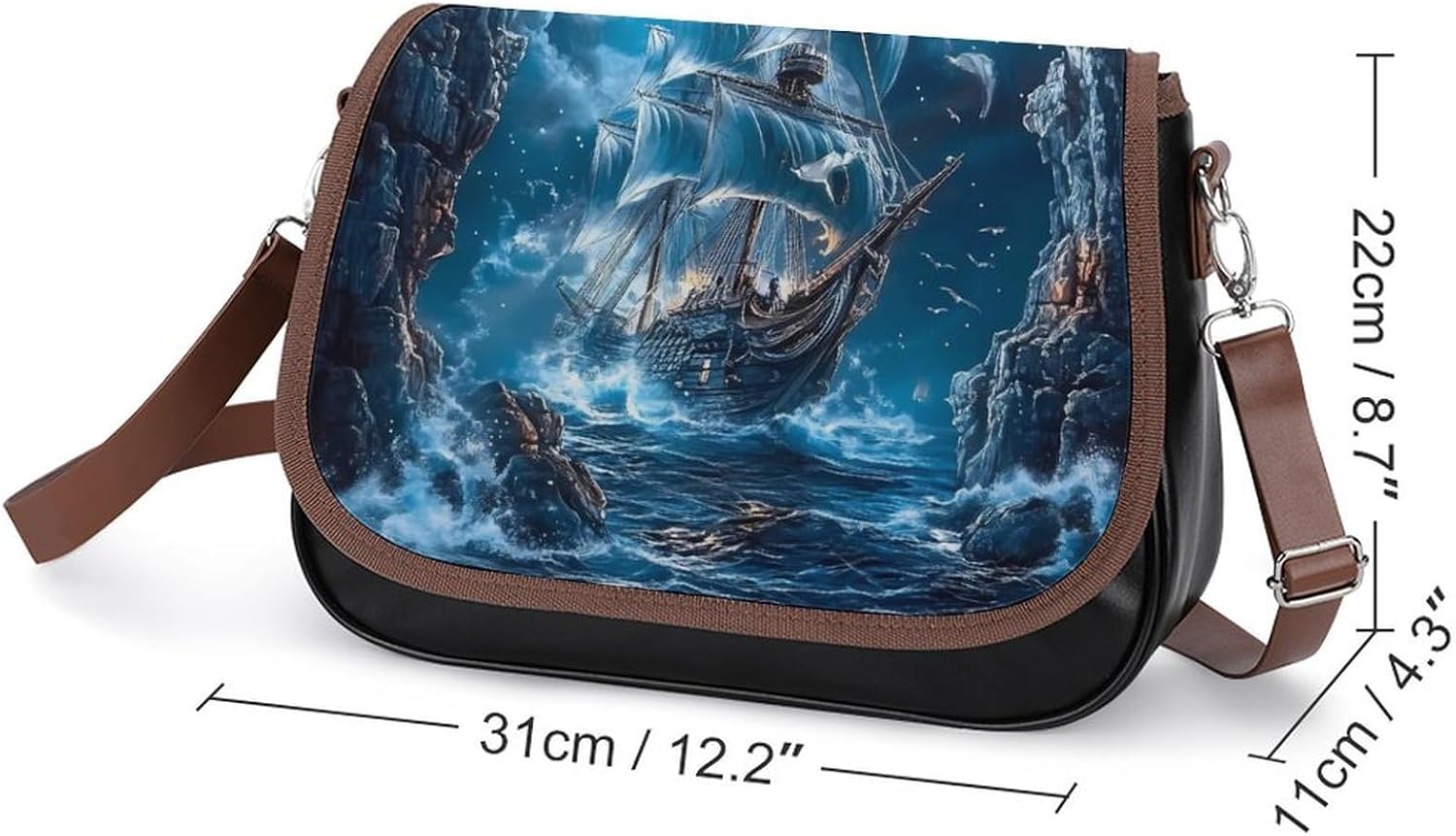Piratees Ship Moon Ocean Women's Crossbody Bags Leather Messenger Handbag Small Shoulder Bag Purse
