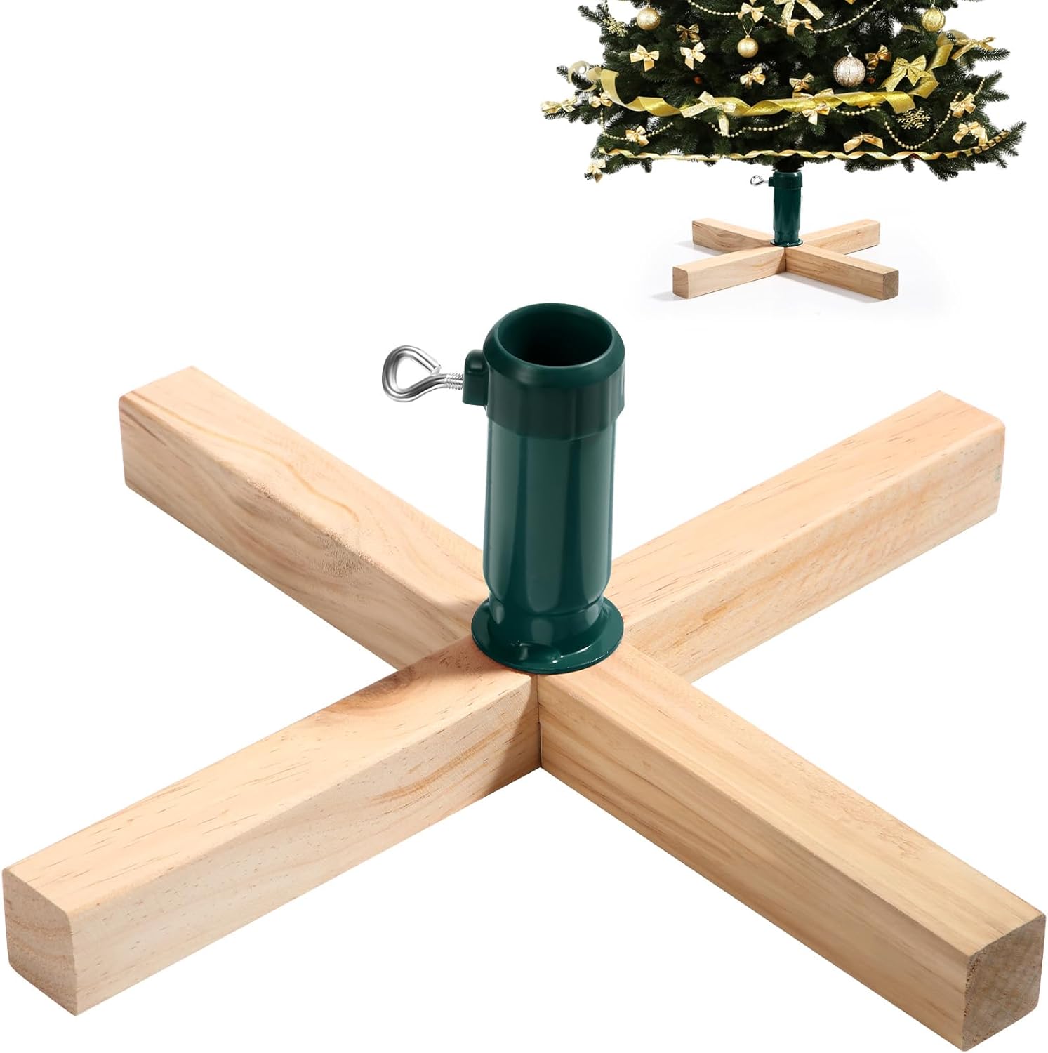 Soaoo Wood Christmas Tree Stand 15.7 Inch Replacement Xmas Tree Stand Base Stable Fake Christmas Tree Base with Thumb Screw Adjustable Fits 0.5 to 1.26 Inch Tree Pole for Artificial Tree (Green Pole)