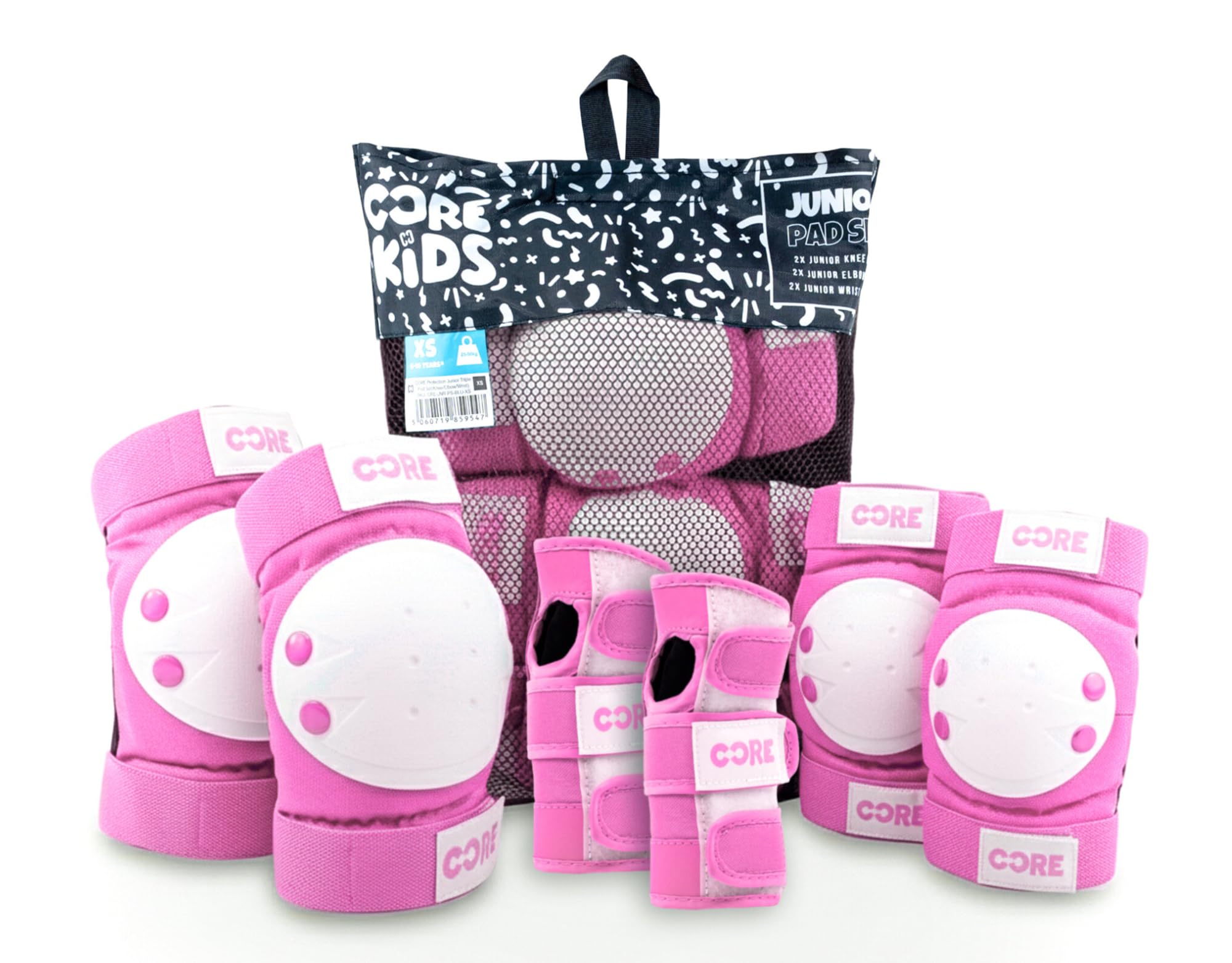 CORE Junior Triple Pad Set Knee Pads Elbow Pads Wrist Guards 6 in 1 Protective Gear Set for Kids Youth Adult for Skateboarding Scooter Cycling BMX Skating Skate - XS (6-10 Years) - Pink