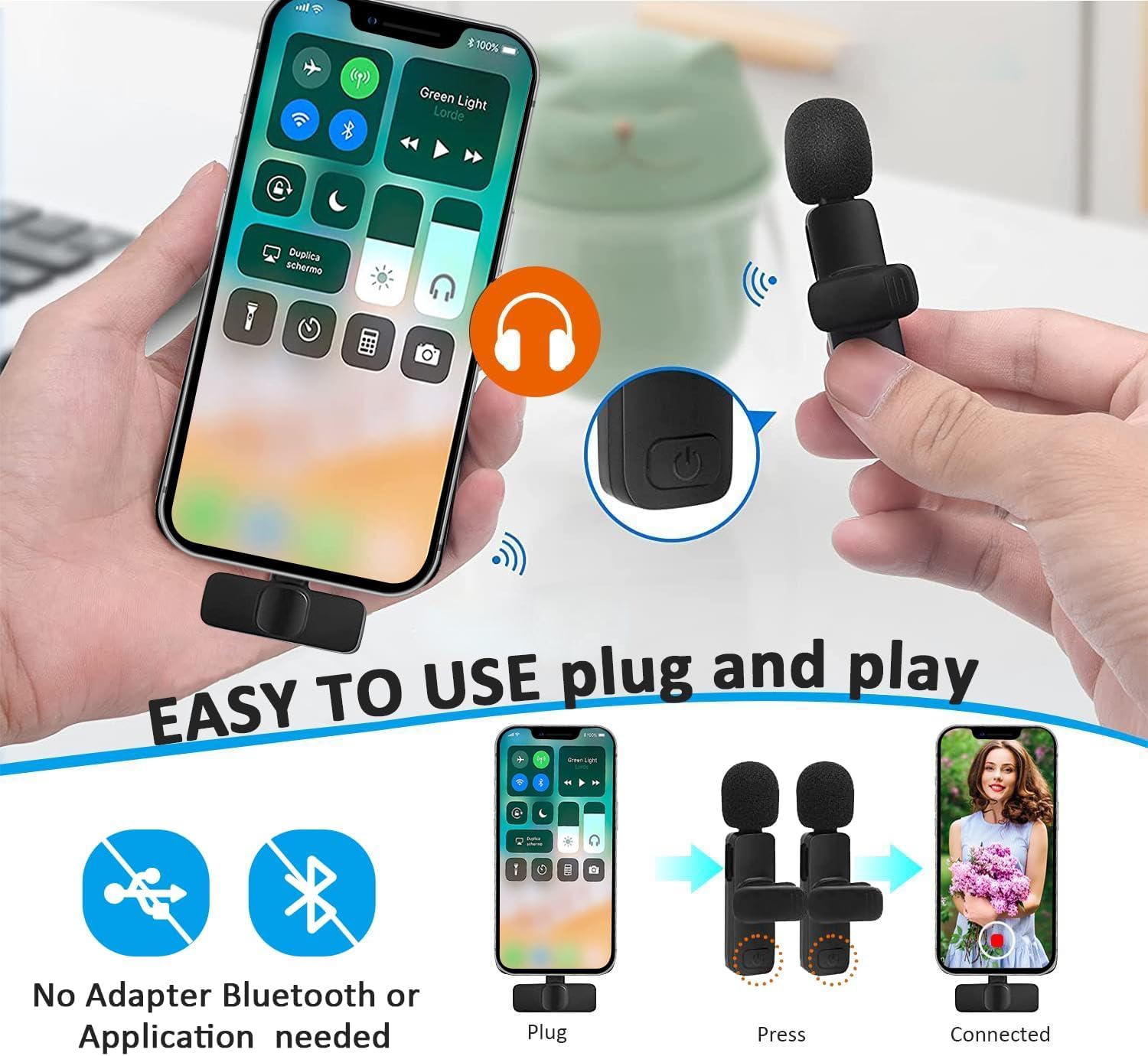 Infomax 2’li Kablosuz Yaka Mikrofonu iPhone Uyumlu | Tak Çalıştır | Lightning Alıcılı | Gürültü Azaltma | Video Çekim & Canlı Yayın İçin