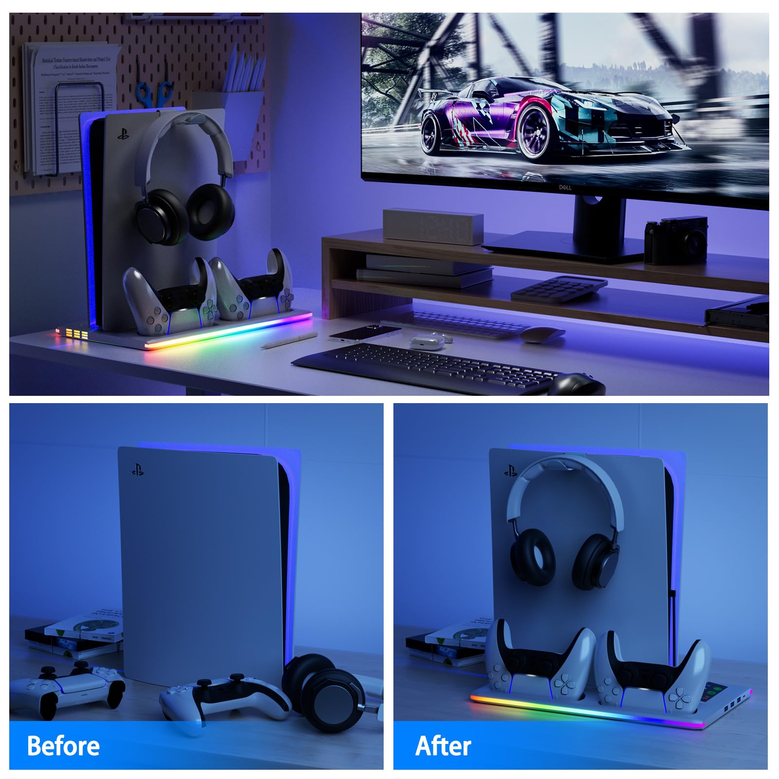 PS5/PS5 Slim Ständer mit 3 Stufig Lüfter und 3 USB Anschlüsse, PS5 Standfuß mit RGB Licht, PS5 Controller Ladestation, PS5 Halterung mit Headset Halter, für PS5 Zubehör, PS5 Digital/Disc Edition