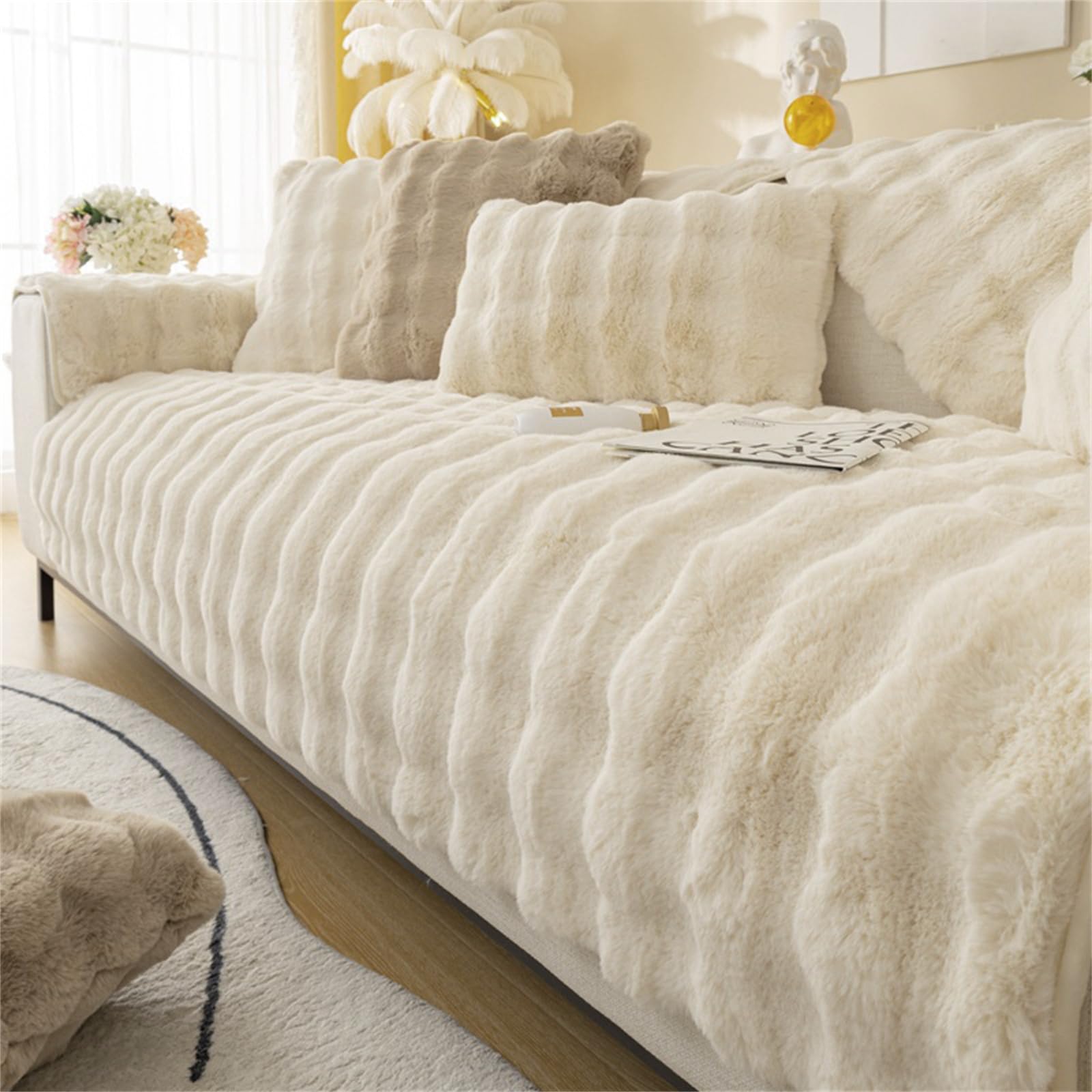 Rabbit Plush Sofa Cover 1 2 3 Seater, Sofa Slipcover Corner L Shape Thick Warm Couch Protector Anti-slip Caravan Seat Cushion Covers for Kids, Pets (Beige,W 110cm×L 210cm)