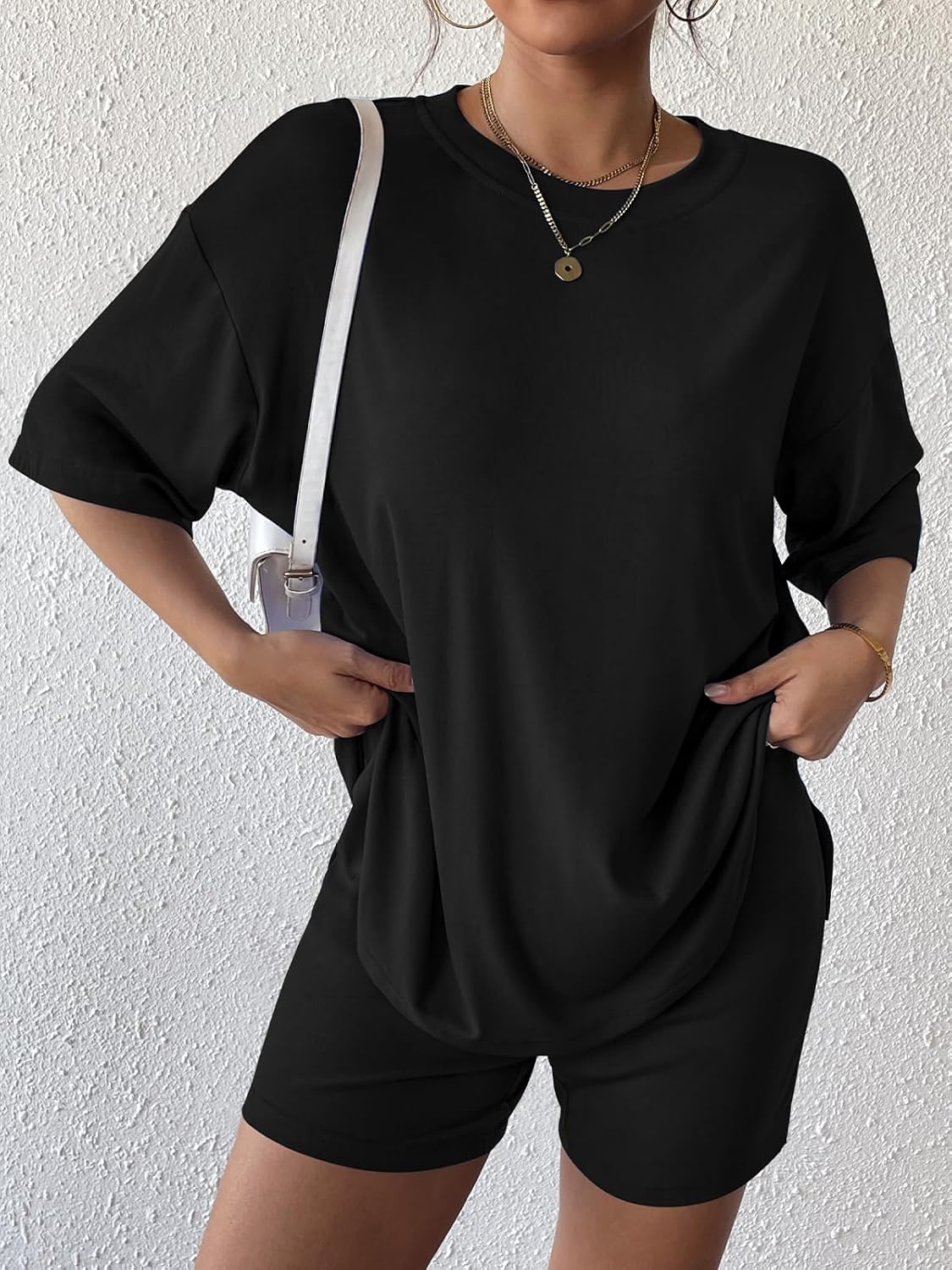Womens 2 Piece Lounge Sets 2026 Summer Travel Outfits Casual Short Sleeve Oversized Tshirts Tops Biker Shorts image 3