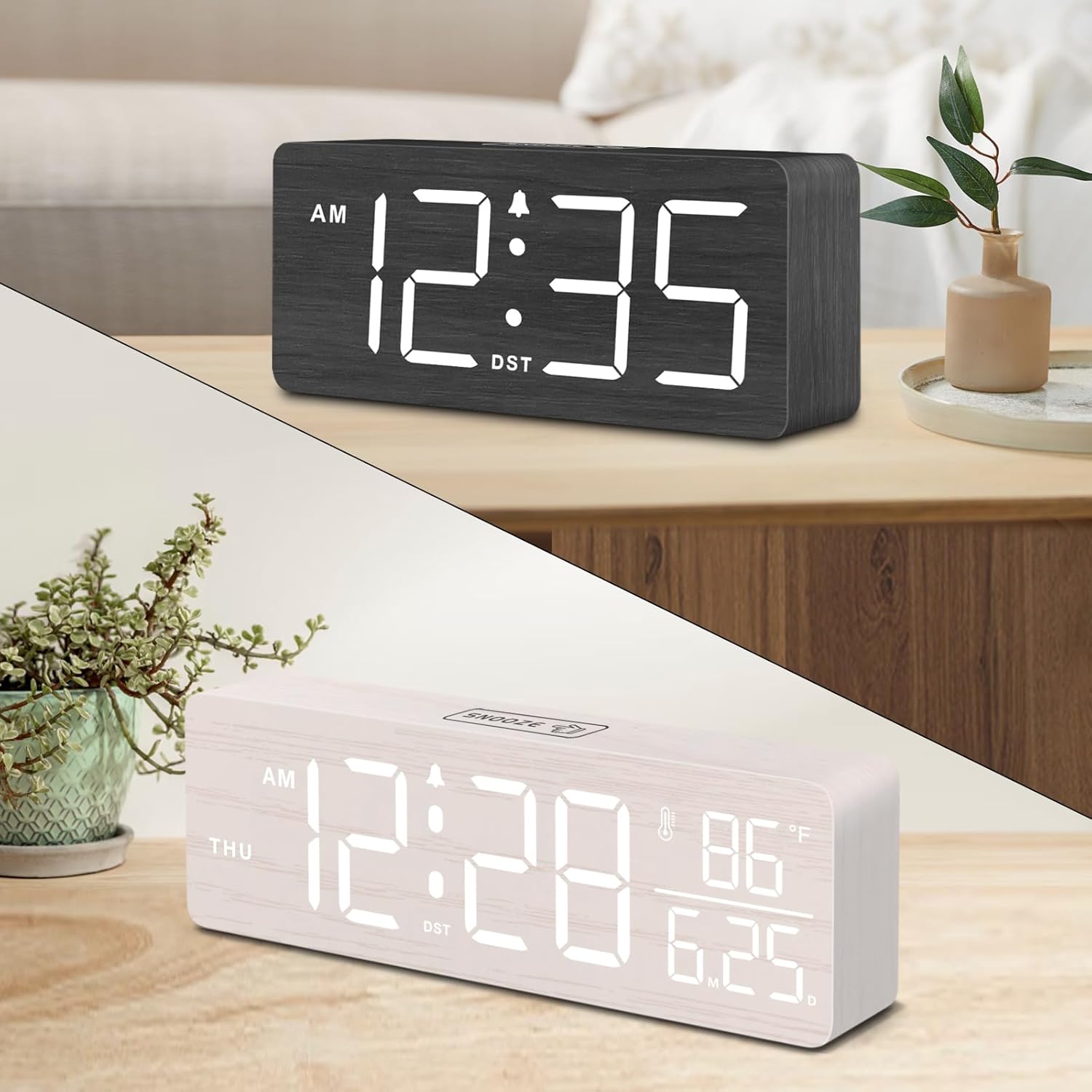 DreamSky Wooden Digital Alarm Clock + Living Room Desk Clock Wooden
