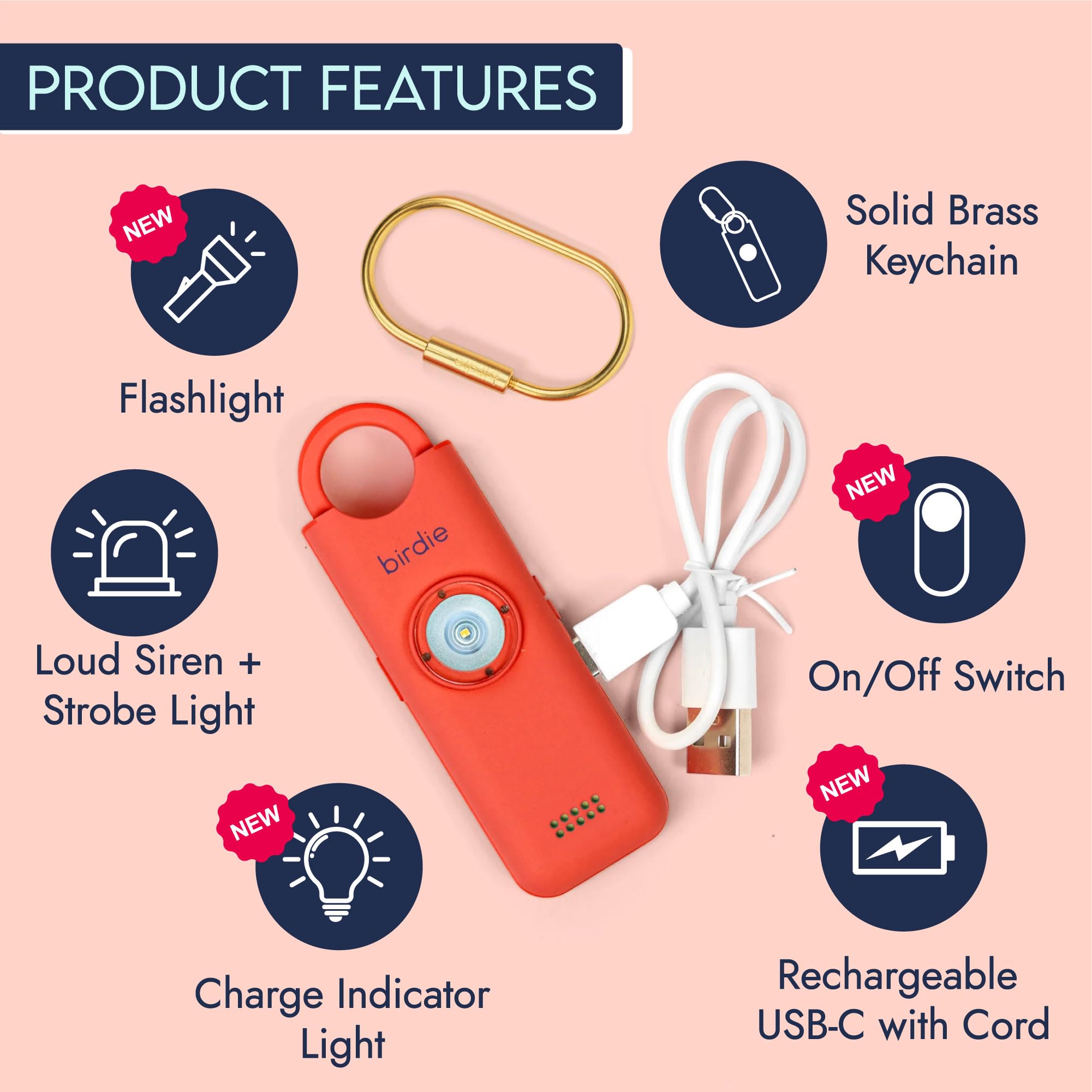 She's Birdie - L'alarme de sécurité personnelle originale pour femme par les femmes - Sirène forte, lumière stroboscopique et porte-clés pour l'autodéfense - Rechargeable avec interrupteur