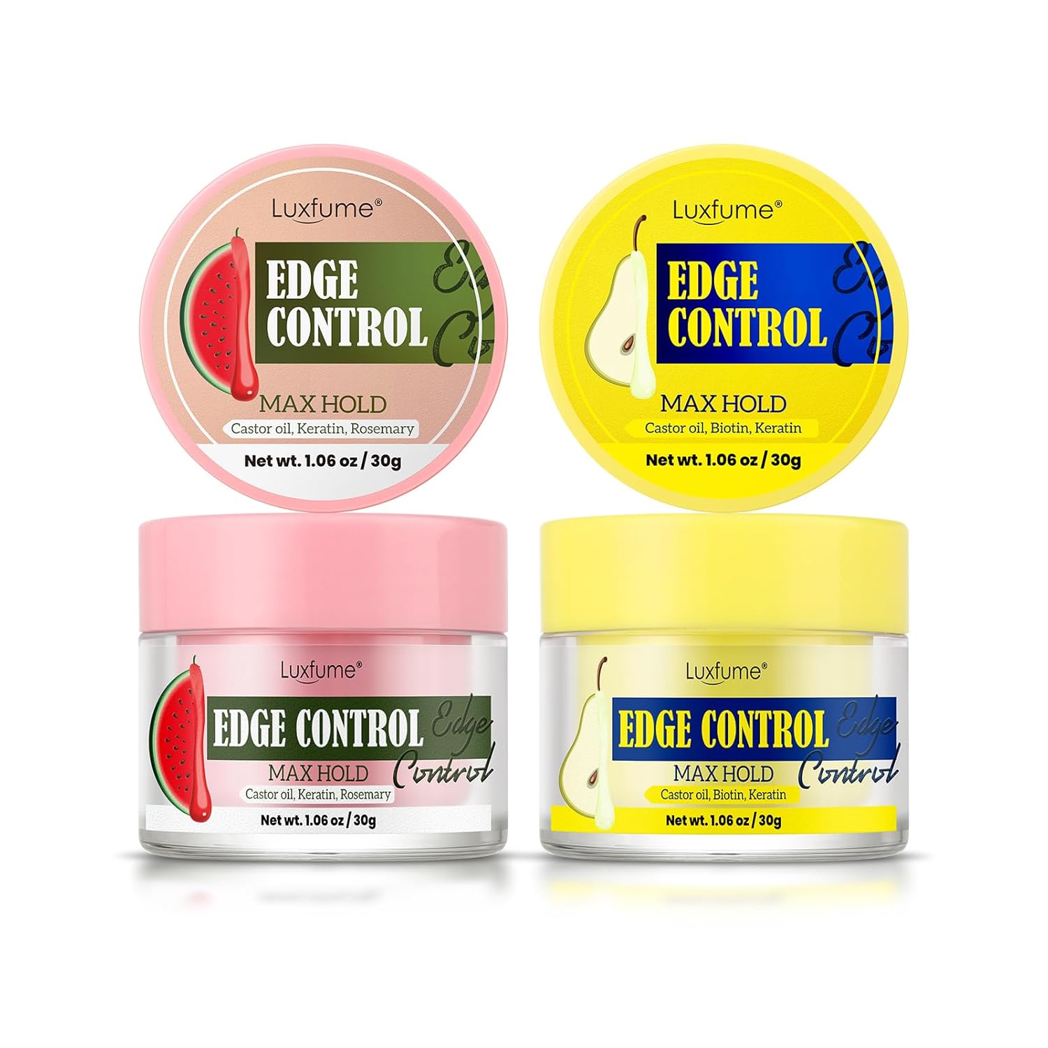Edge Control Wax 2-Pack: Watermelon & Pear Scented (2×1.06oz) | Strong Hold, Non-Greasy Formula for Smooth Edges, Shine & Styling | No Residue, All Hair Types, Brow Sculpting