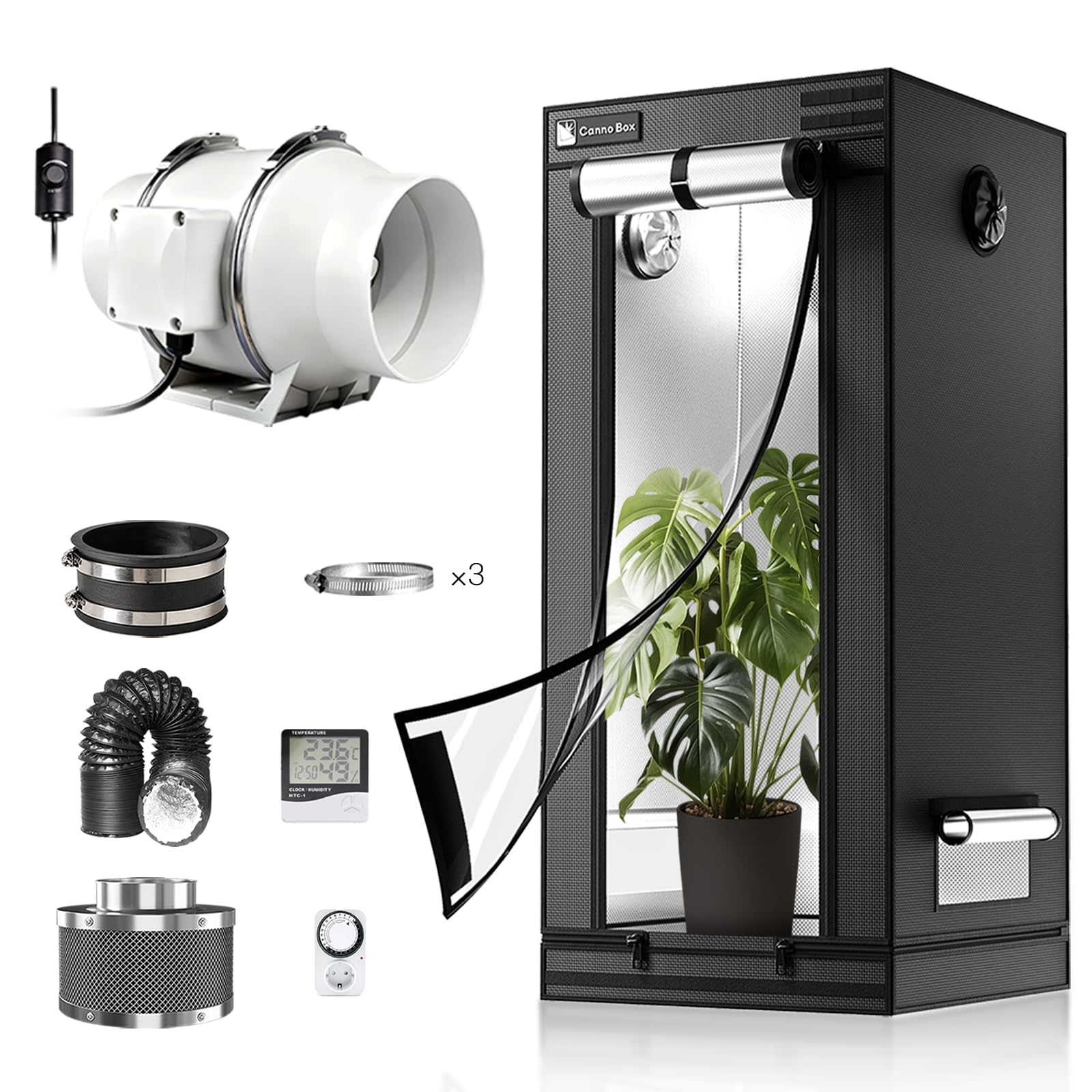 Pro Growzelt Komplettset mit Growzelt 80x80x180 cm und Regelbar Rohrventilator 100mm Set Belüftungssystem Transparente Schicht Indoor Grow Zelt Komplett Set für Hydrokulturen