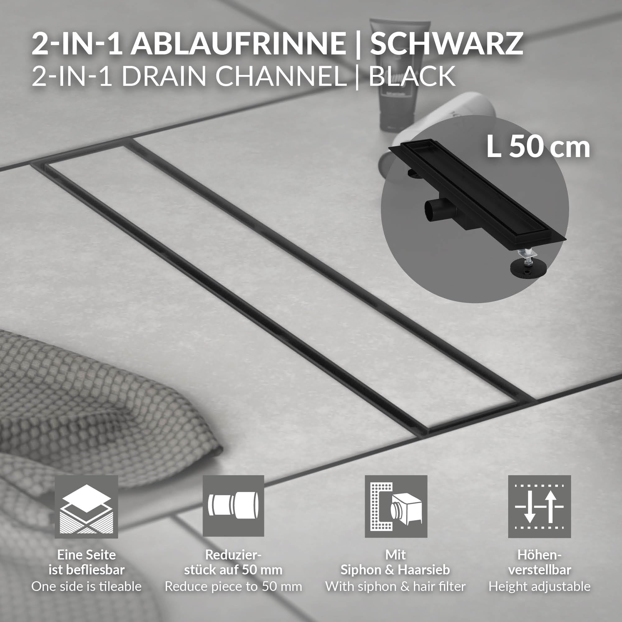 LuxeBath Canaletta per Doccia 50 cm 2 in 1 Drenaggio Piastrellabile in Acciaio Inossidabile Nero Canalina Scarico a Pavimento per Bagno Set Completo di Fissaggio Sifone a Canale con Filtro per Capelli