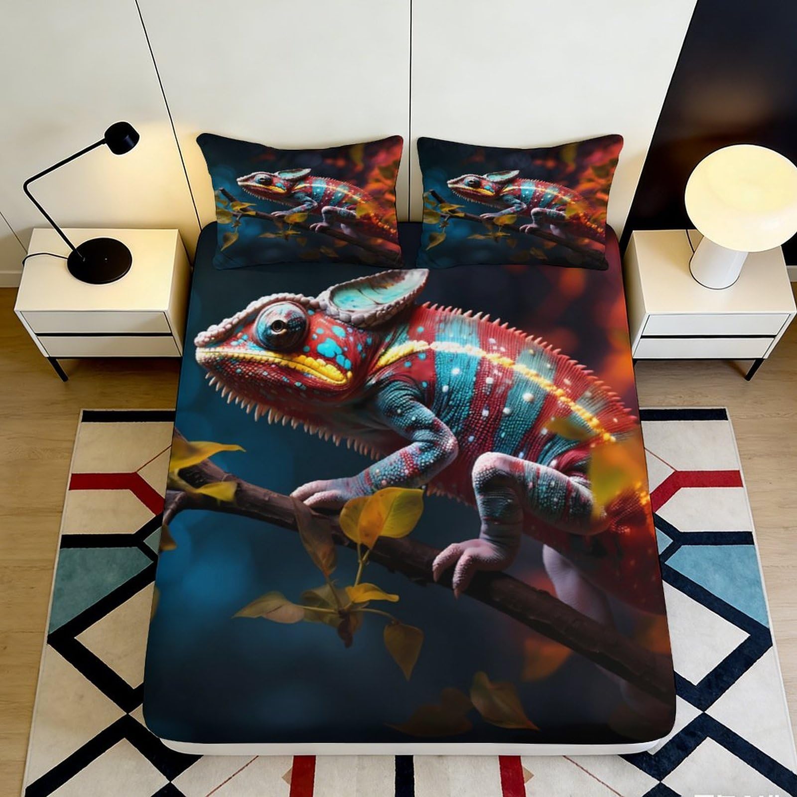 3D Printed Colorful Chameleon Fitted Sheet Microfiber Soft Breathable Jungle Branch Mattress Cover for Bedroom Dorm Mattress Protection Decor 180x200x25cm