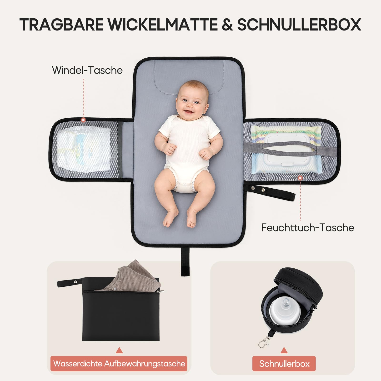 RAINSMORE Wickelrucksack Groß Baby Wickeltasche mit Wickelunterlage Schwarz | Wasserdichte Wickeltasche mit Schnullerbox, isolierten Flaschenfächern einhändigem Zugriff Kinderwagenbefestigung für Eltern