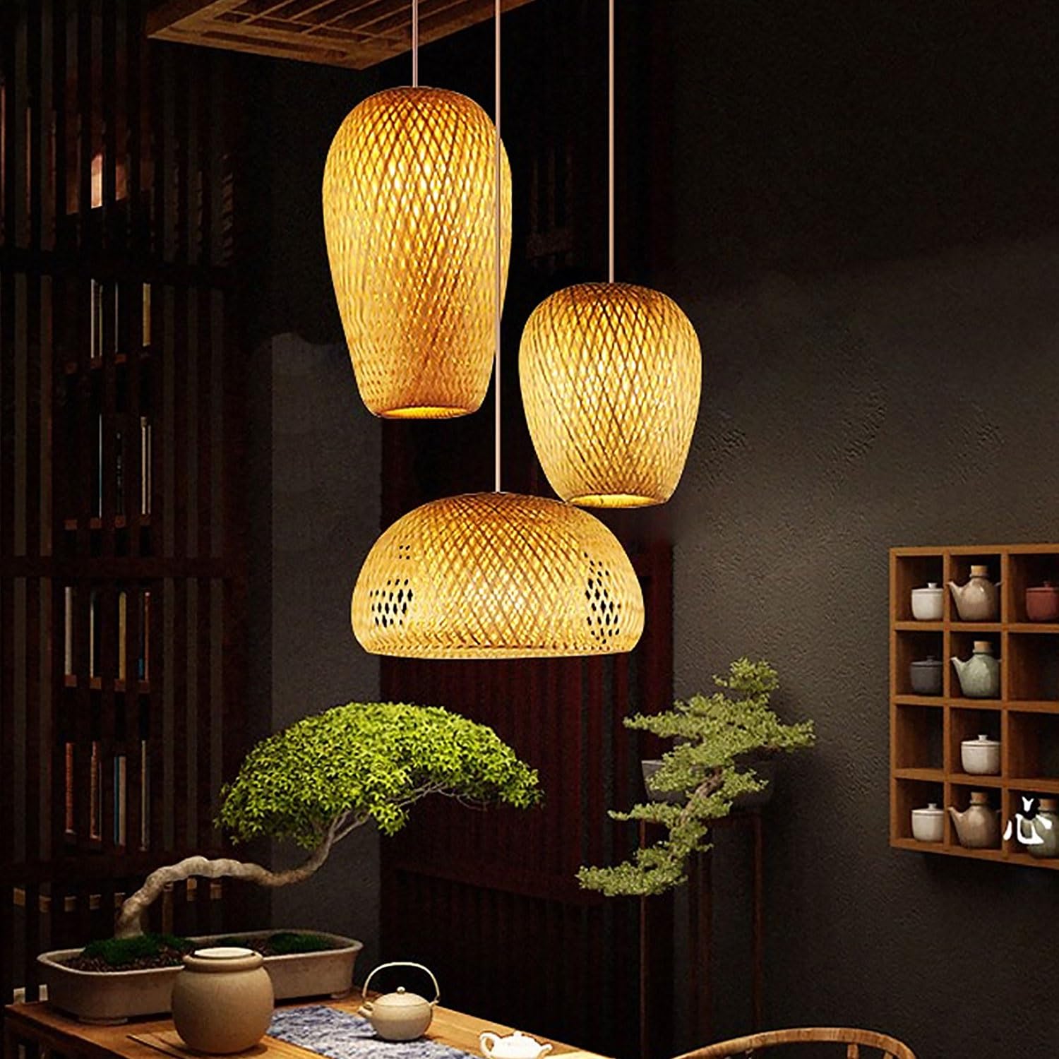 Wisząca Lampa Z Bambusowego Plecionki 3-Światła, Ręcznie Wykonany Żyrandol Konopny Kula, E27 Vintage Industrialna Lampa Wisząca Do Wyspy Kuchennej Jadalni Salonu(Circular disc)
