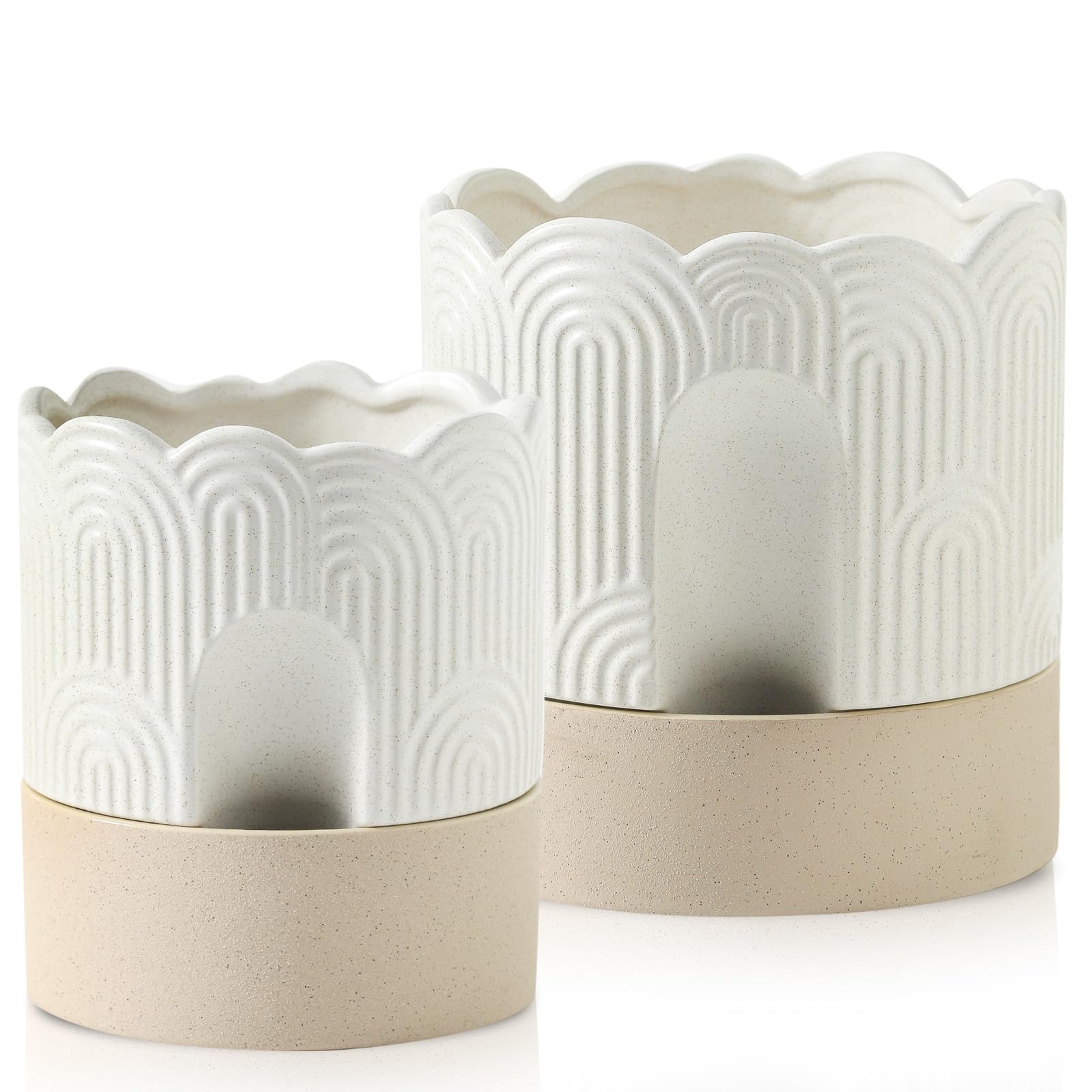 Nihow Self Watering Plant Pot for Indoor Plants : 6 Inch & 8 Inch Ceramic Planter with Drainage Hole & Water Storage - Relief Design Beige & Nature Flower Pot -Set of 2