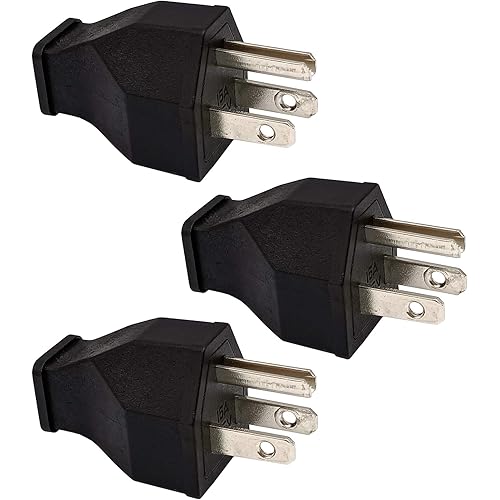 Straight Blade Plug 15 Amp 125 Volt, Grounding 3-Wire Male Extension Cord Replacement, Plug, Straight Blade, Electrical Plugs End Black, 3-Pack