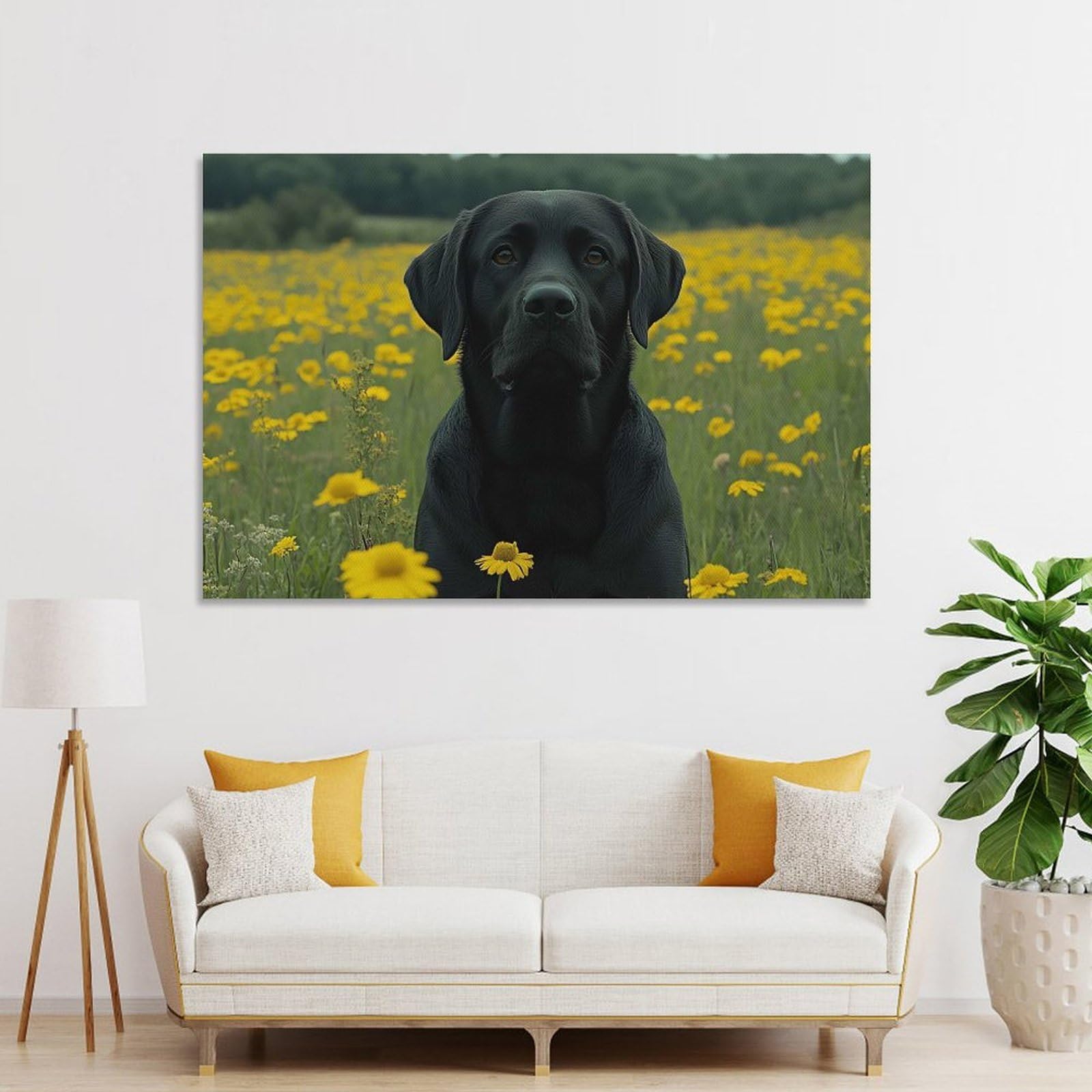 Junmoney Black Labrador in A Field of Flowers Home Decor Wall Art 12x18inch(30x45cm), for Hallway, Bedroom Or Modern Interiors, Canvas Artwork with Gifting Potential