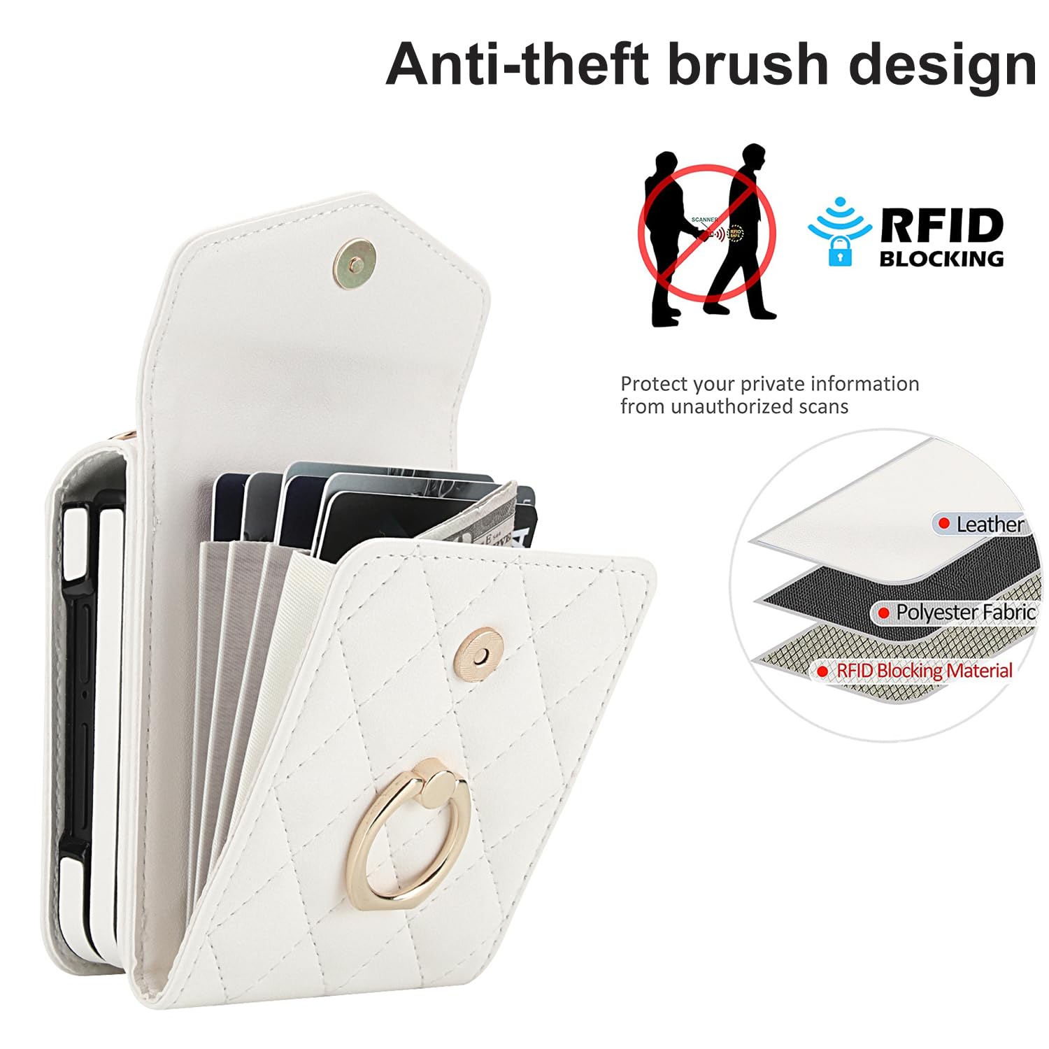 Etui portfelowe na telefon Samsung Galaxy Z Flip 7 z pierścieniem i regulowanym paskiem crossbody, stylowe i wielofunkcyjne etui z klapką w stylu akordeonowym z 4 przegródkami na karty. (białe)