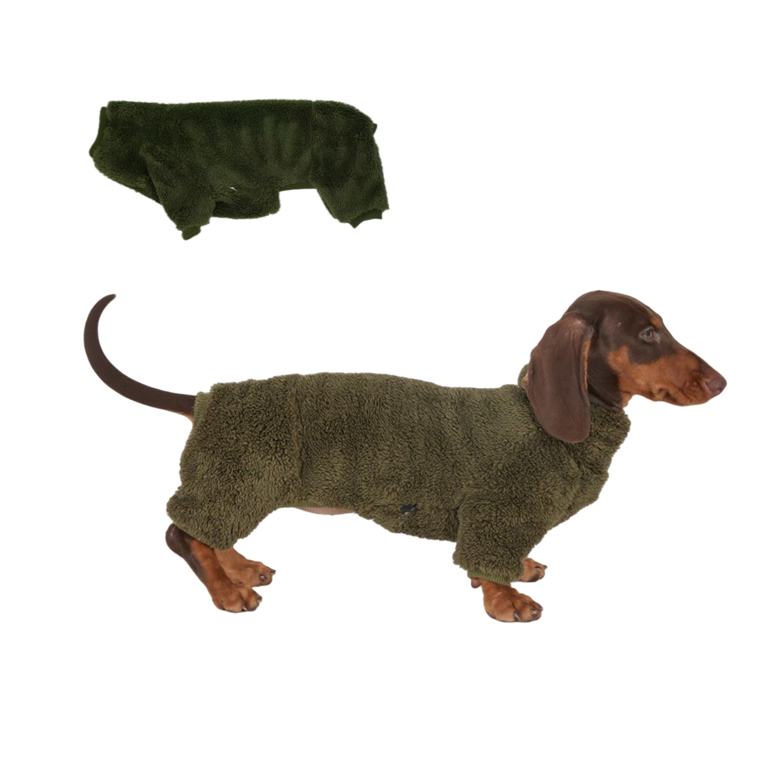 Fleece-Overall mit Dackel-Motiv, Rollkragenpullover, geeignet für Dackel, Winter, weich, gemütlich, Hunde-Pyjama, Kleidung (Dunkelgrün, XL)