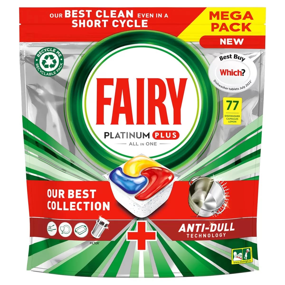 Fairy Platinum Plus All-in-One Dishwasher Tablets, Lemon, 77 Tablets, Fairy's Best Tough Food Cleaning Anti-dull Technology