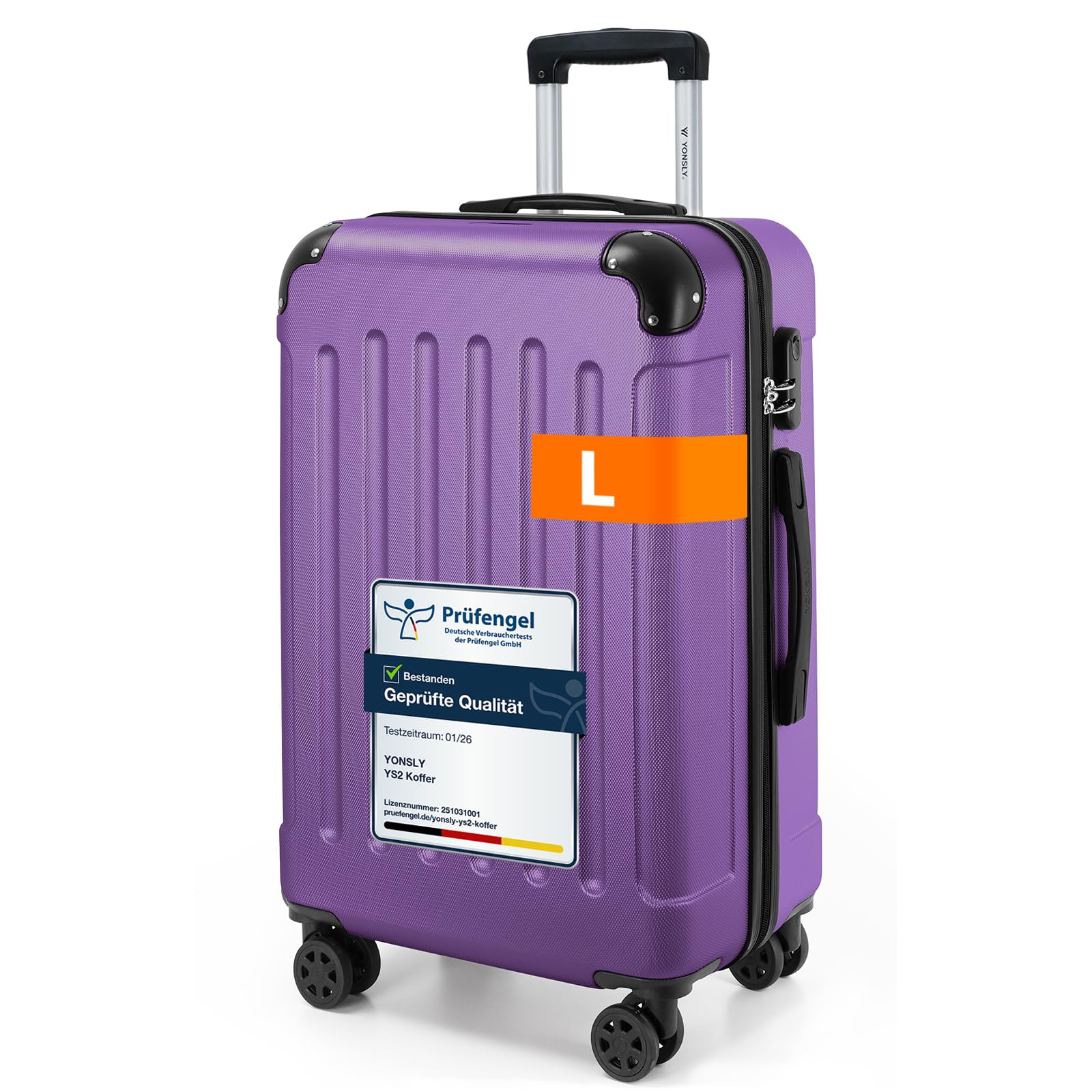 YONSLY Gepäck Reisekoffer, Trolley Rollkoffer Handgepäck, Hartschalenreisekoffer mit 360° Lenkrollen, Zahlenschloss, Mehrstufiger Teleskopgriff
