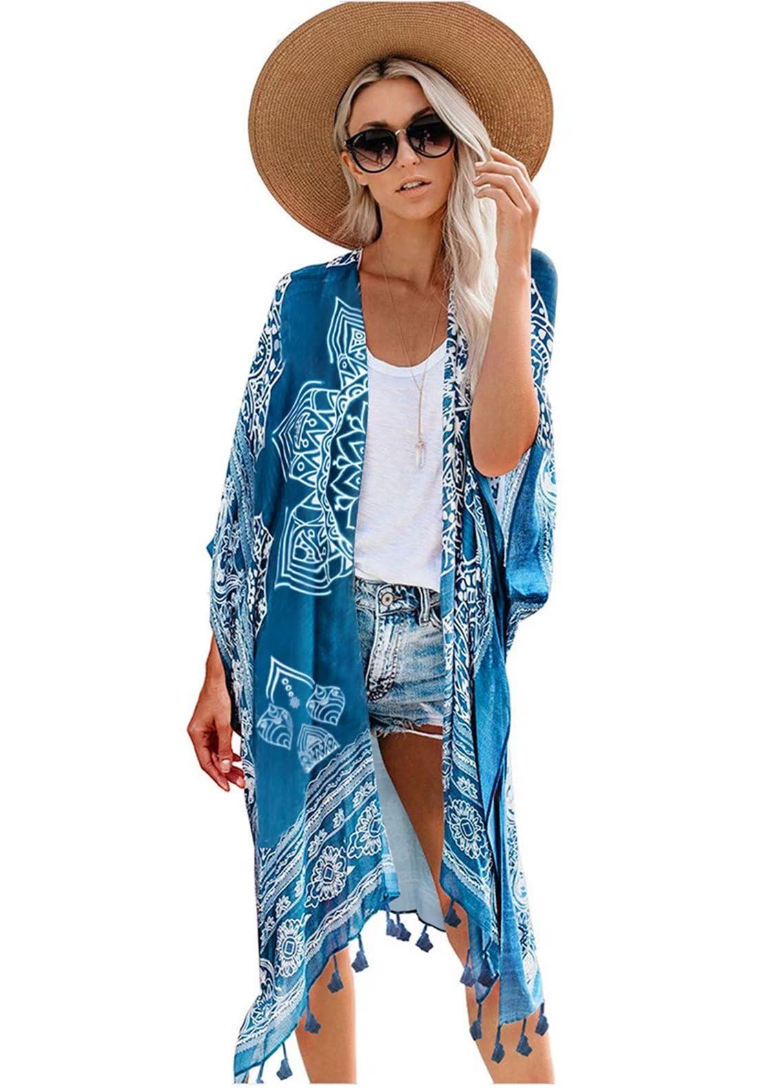 hejiagongsi Cardigan Mujer Verano Kimono Mujer Largo Vestido Playa Mujer Kimonos Largos Mujer Vestir Casual Chal Verano Beach Bikini Cover Up Cárdigan Tops Ropa de Protección Solar