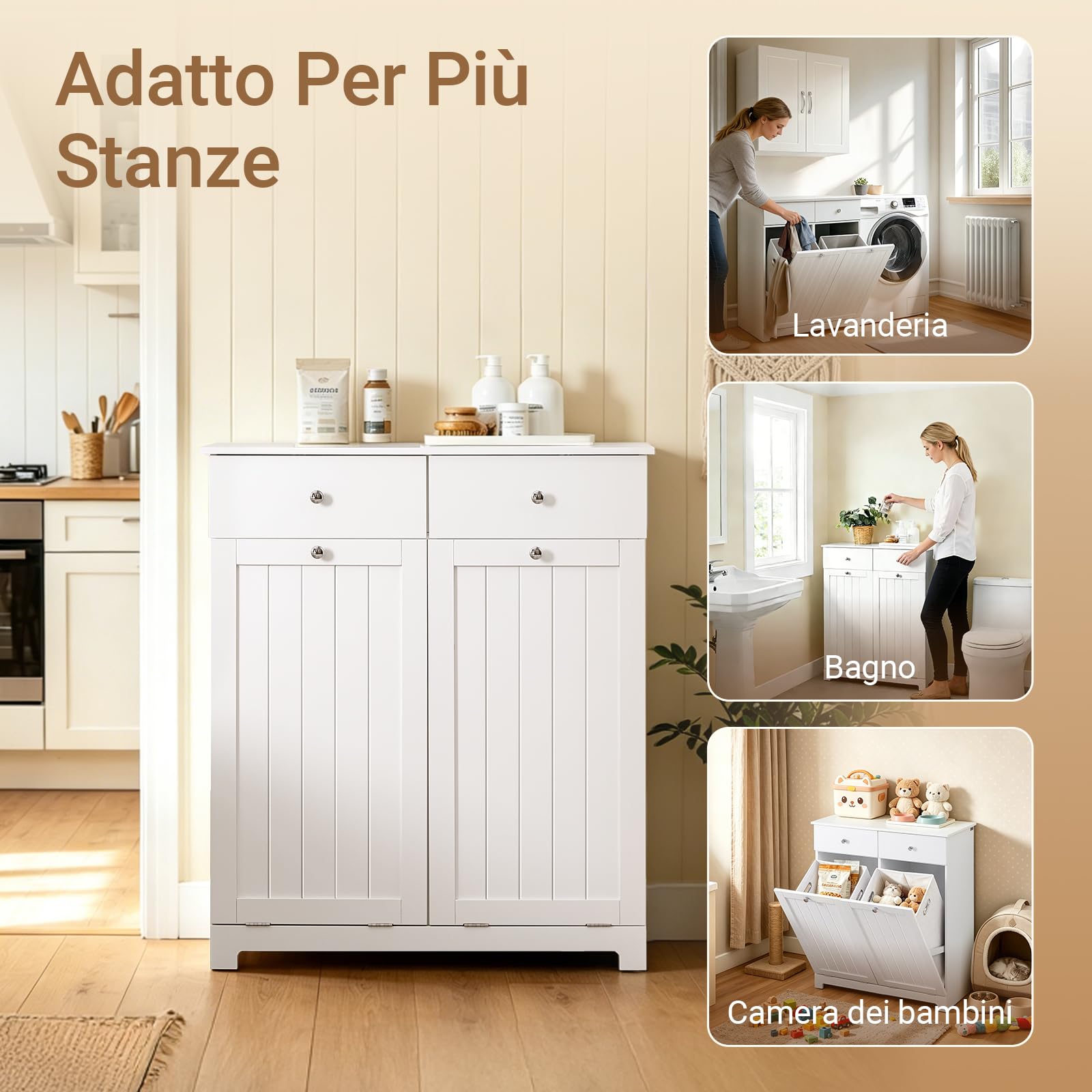 SoBuy Mobile Spazzatura da Cucina con Pattumiera Integrata Armadietto Raccolta Differenziata con 2 Cassetti e 2 Sacchi da 45L Mobiletto Salvaspazio con Chiusura Silenziosa Bianco 78x38x90cm BZR33-II-W