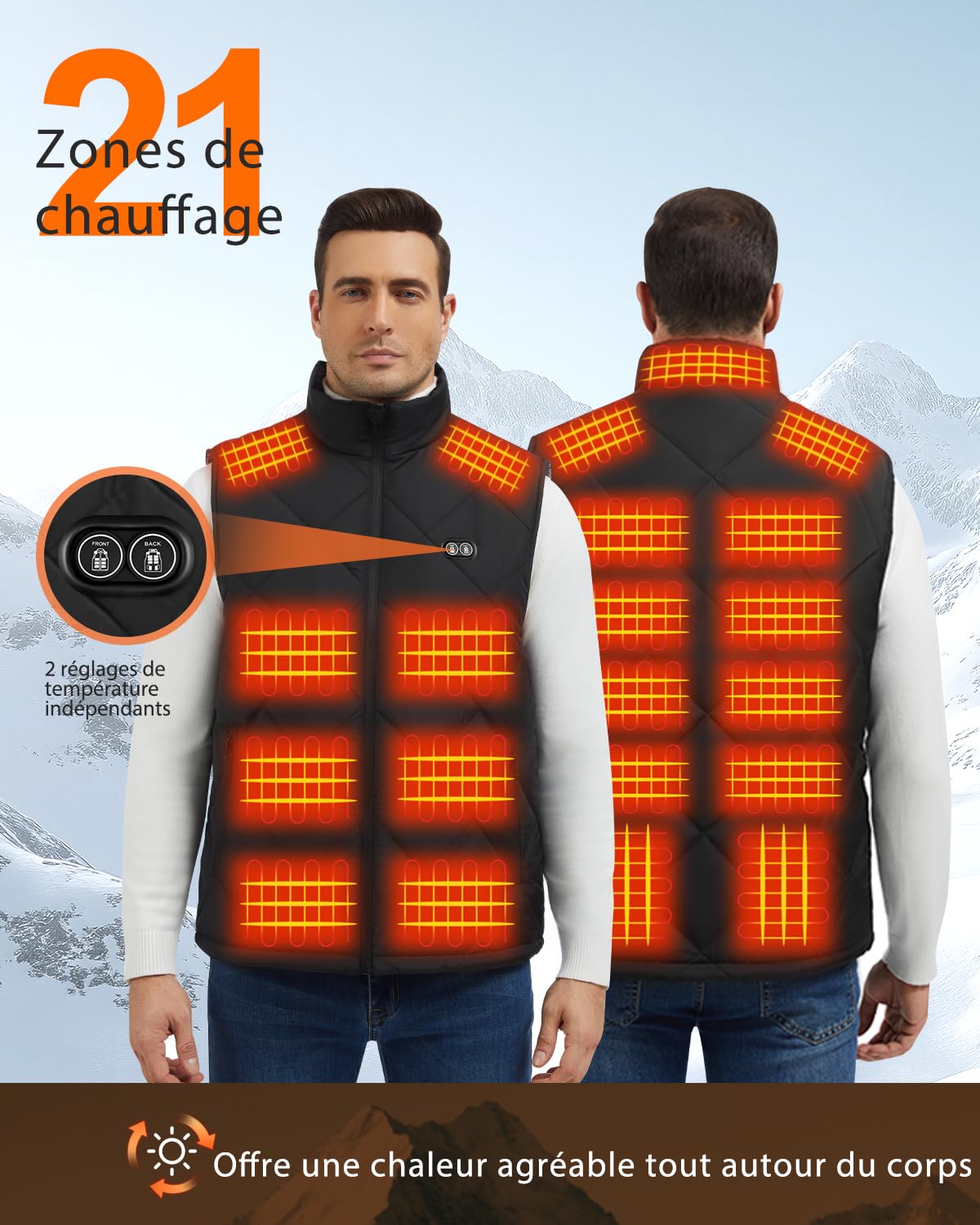 Buba Toys Gilet Chauffant Homme Femme avec Batterie 20000mAh, 21 Zones Chauffantes, 3 Niveaux de Température, Chauffage Rapide, Lavable USB, Gilet Chauffant Hiver Confortable