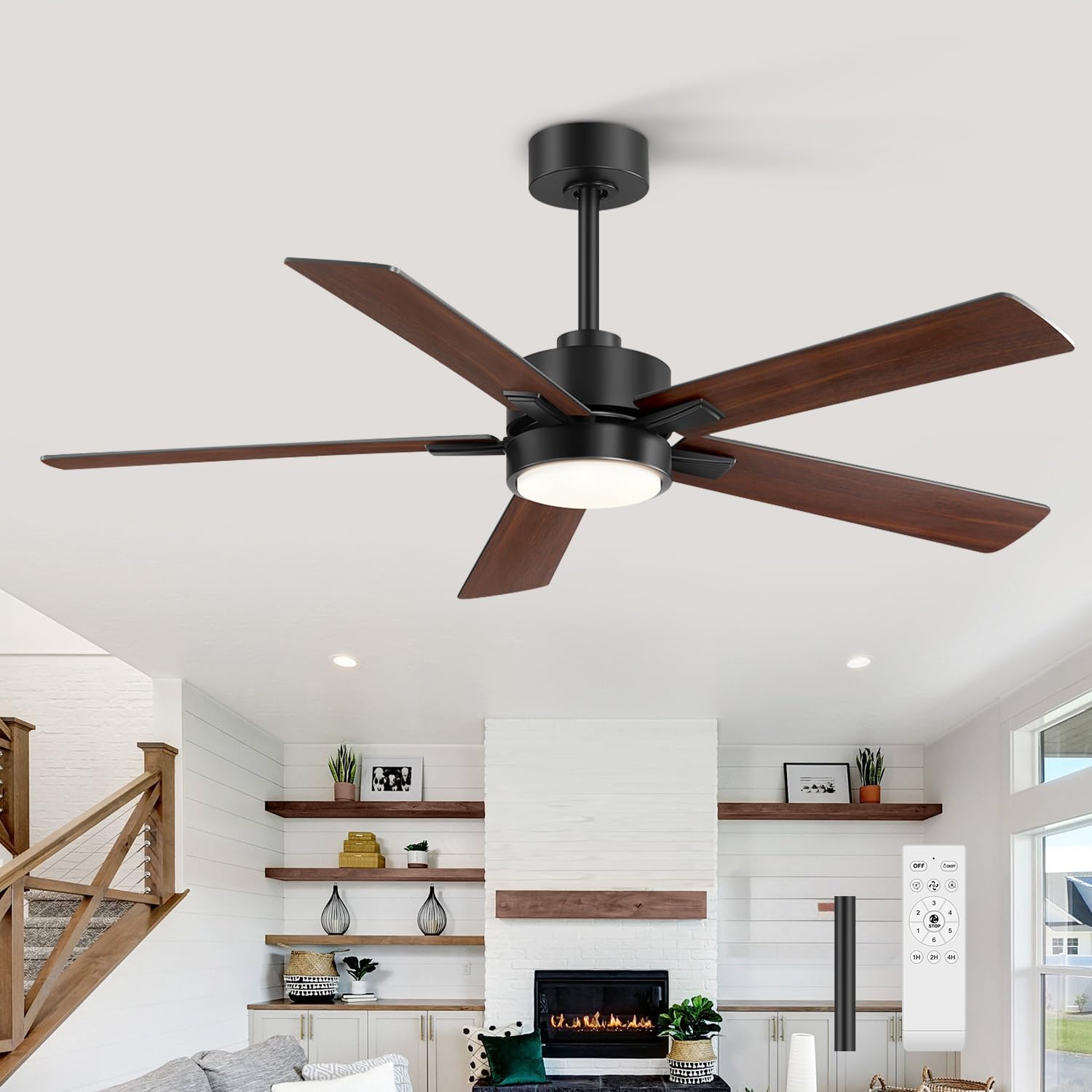 Ceiling Fans with LED Lights, 52 Inch 5-Blade Ceiling Fan Remote Control, Industrial Ceiling Fan with Reversible DC Motor, Downrod Mount LED Ceiling