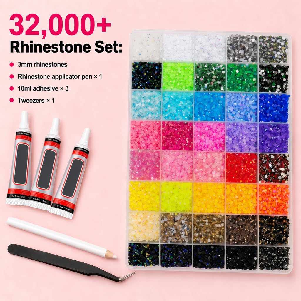 Strass Unghie da 3mm, 32000 Pezzi Brillantini Unghie, 40 Colori | Piatti Strass per Nail Art, con Penna e Pinzette, Adatti per Bricolage, Nail Art, Vestiti e Pittura Facciale