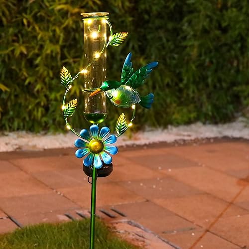 Miniatura 2 de MUMTOP Medidor de Lluvia para Exteriores, Estaca Decorativa de Colibrí de Metal con Flores, Alimentada por Energía Solar para Césped, Patio y Jardín