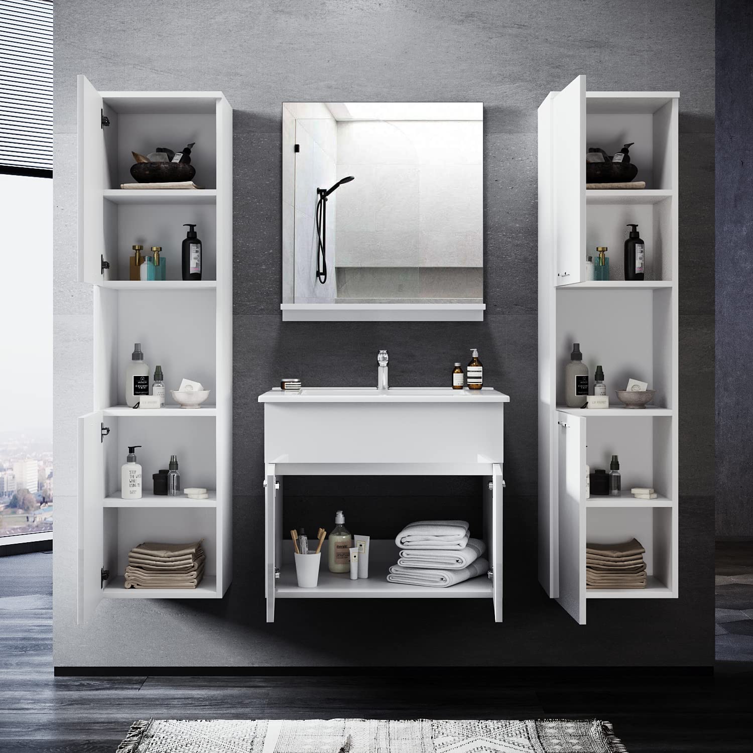SONNI Badmöbel Set mit Waschbecken mit Unterschrank und Spiegel Badezimmermöbel mit Hochschrank Waschtisch 4-teilig 60cm Hochglanz weiß für kleine Bäder
