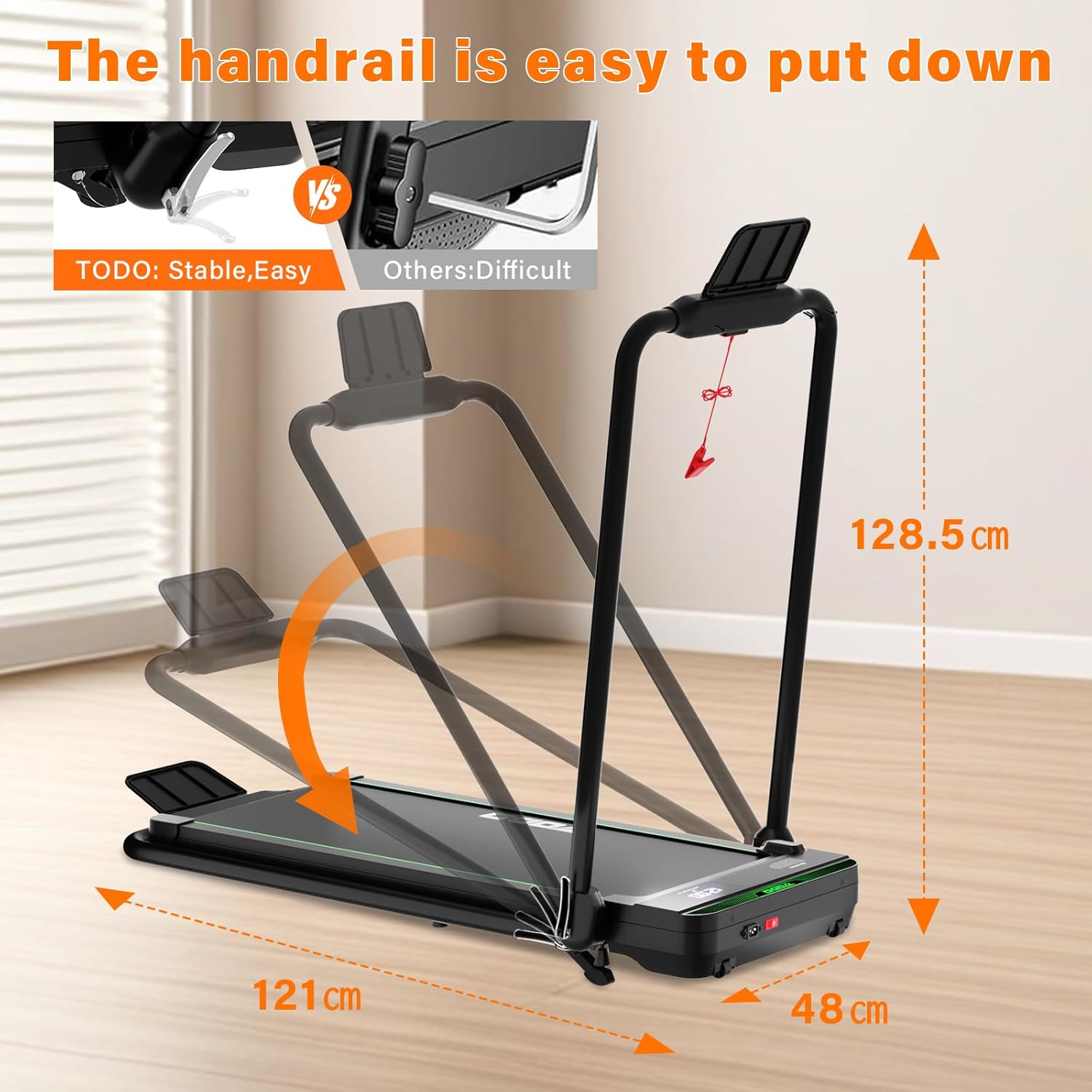 Diagram showing the handrail of the treadmill being raised from a folded position to an upright position, with dimensions.