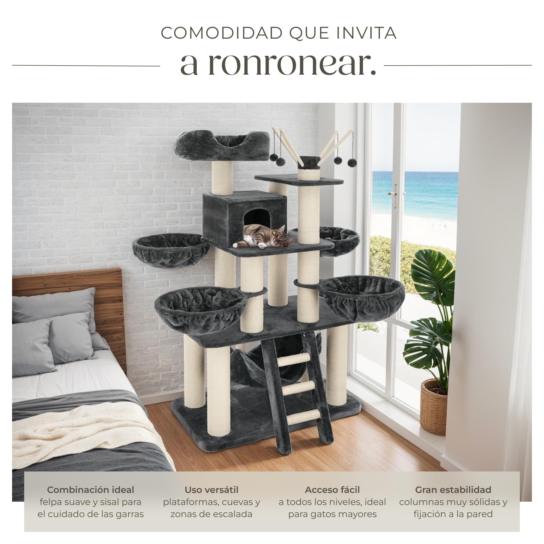 tectake 800740 Rascador para Gatos, Árbol Rascador, Columnas de Sisal, Caseta Plataforma 4 Nidos Hamaca, 130x79x195 cm (Gris/Blanco | No. 403327)