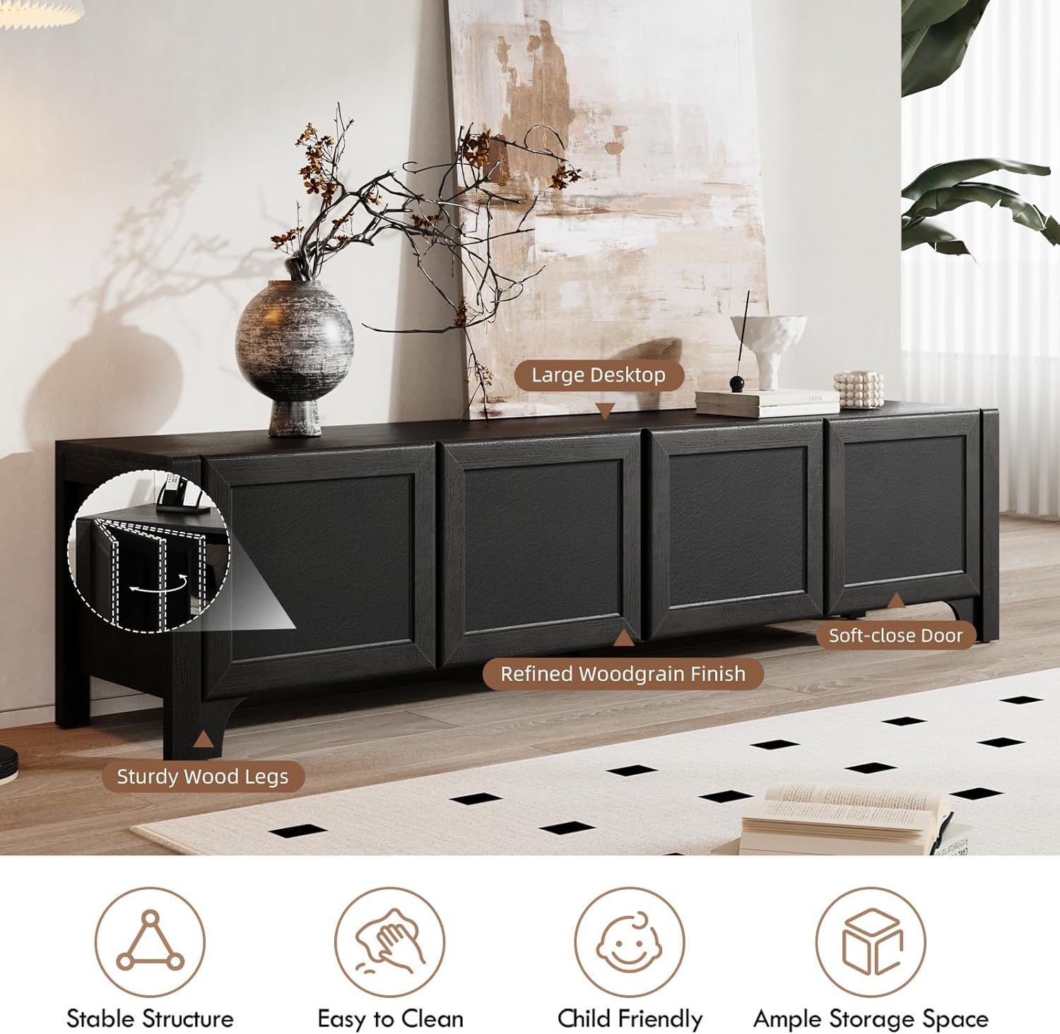 70" Modern TV Stands for 65 70 Inches TV, Black Media Console for Living Room, Leather-Wrapped Door Panels TV Entertainment Center with Cabinet Storage, Wood Television Cabinet for Bedroom - Image 3