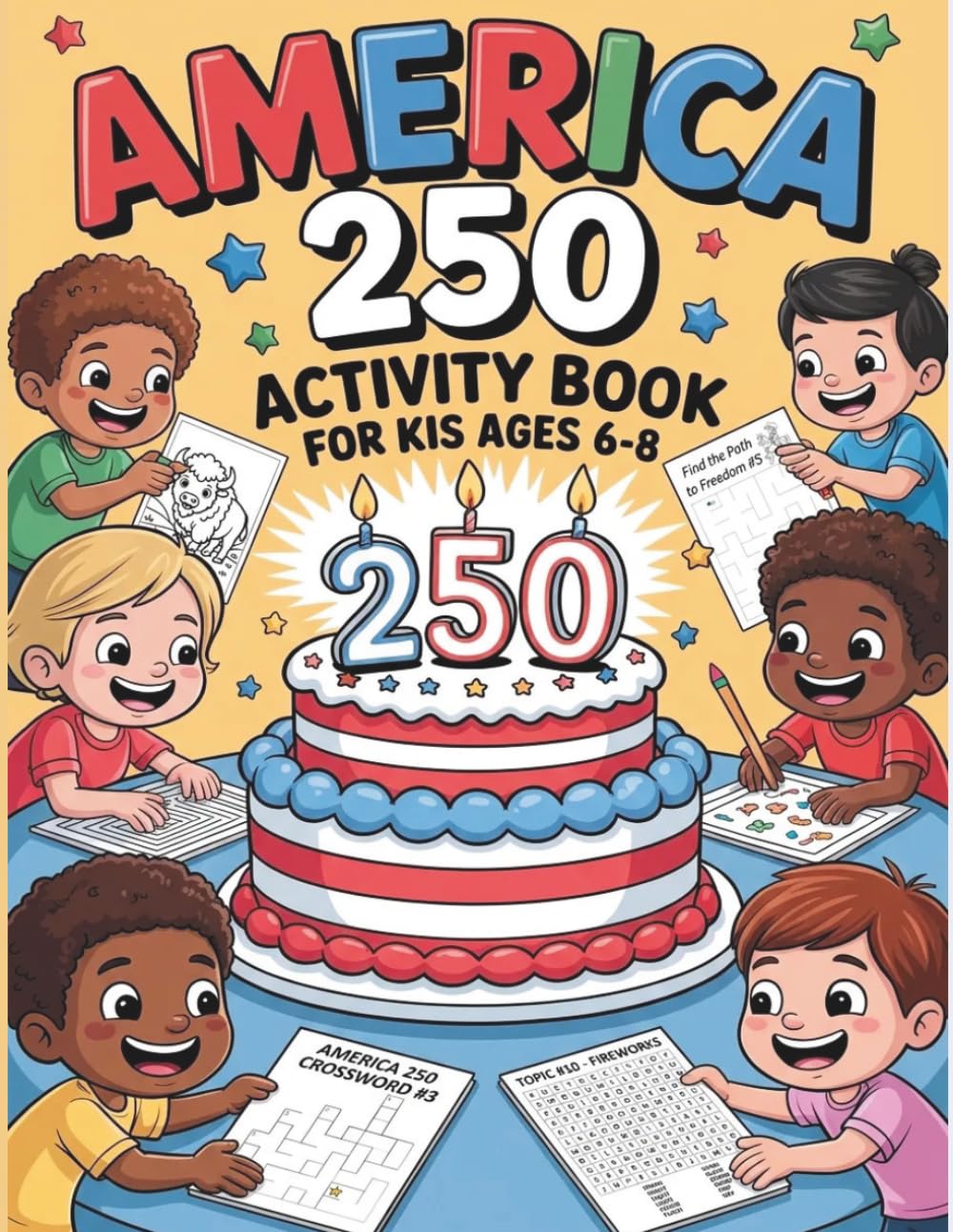 America 250 Activity Book for Kids Ages 6–8: Fun Coloring Pages, Mazes, Word Search and Crossword Puzzles with Answers | A Kid Friendly Introduction to U.S. History and Patriotic Themes