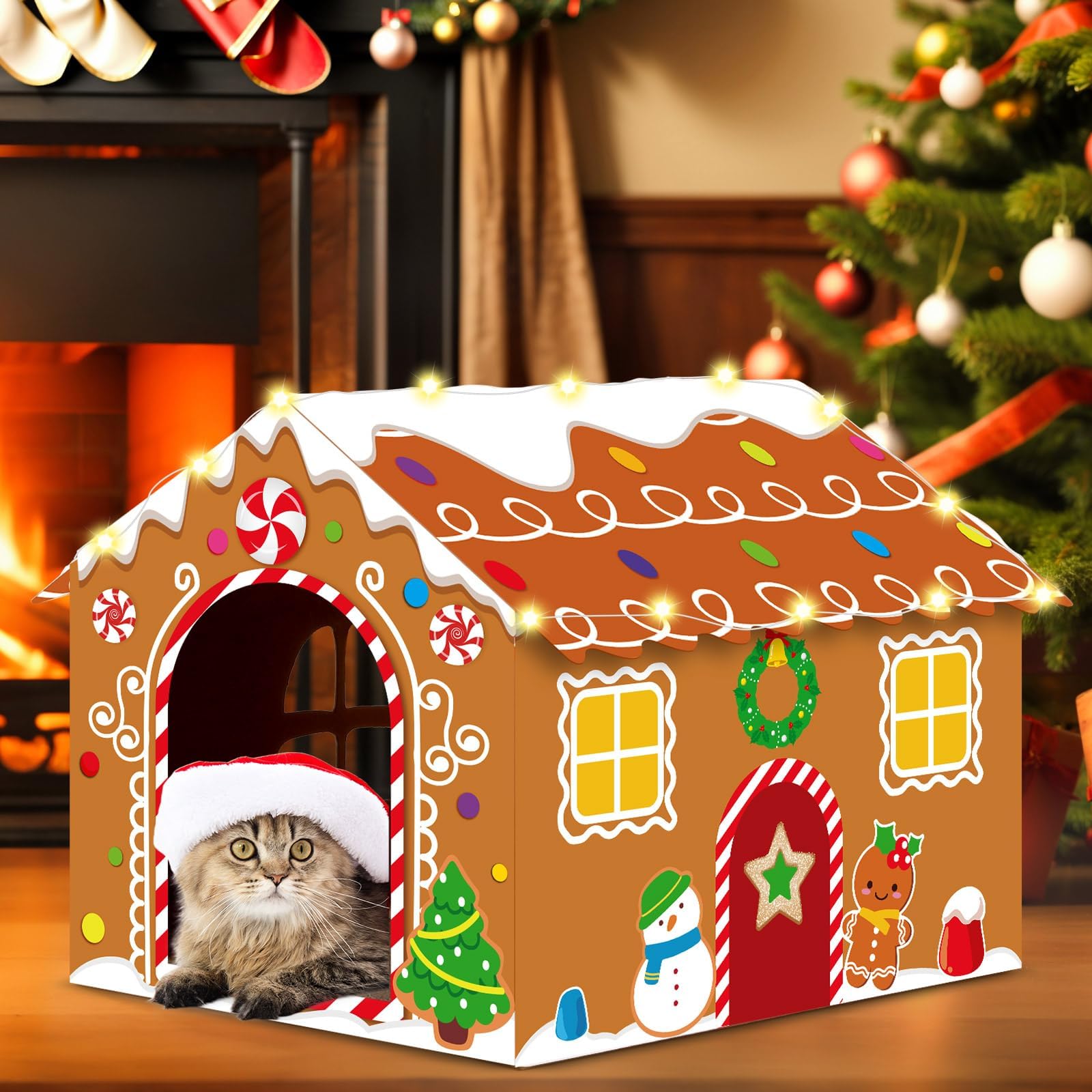 Casetta natalizia per gatti in cartone con luce a LED, tiragraffi con pan di zenzero, casetta per gatti di Natale, 39,9 x 34 x 32 cm, tiragraffi per gatti da interni