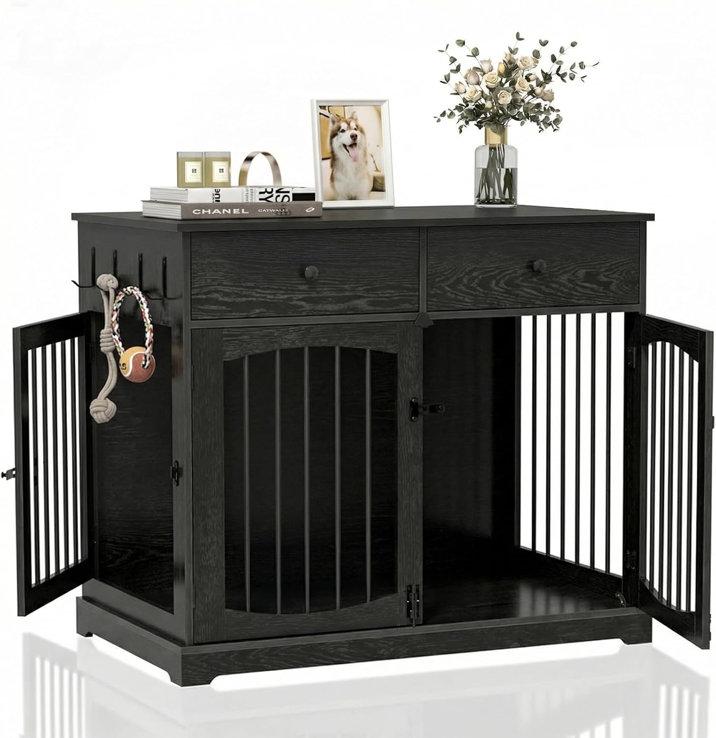 BREEZEHEAT 40 inch Dog Crate Furniture-Farmhouse Dog Kennel with Drawers-End Table Wooden Pet Crate, Double Door Design, Decorative Dog House Indoor for Small Medium Large Dog,Brwon