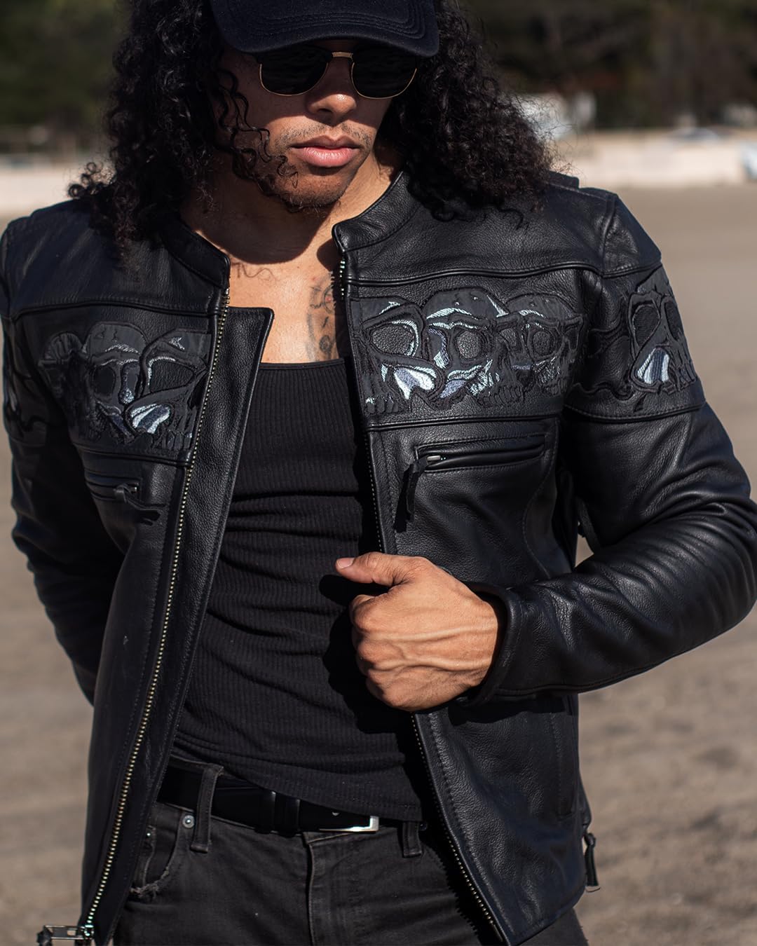 First Mfg Co - Savage Skulls - Men's Motorcycle Biker Riding Black Leather Jacket - Image 2