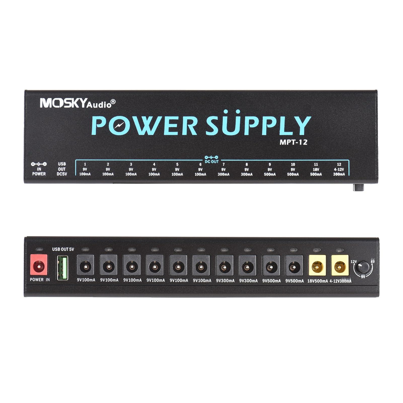 12-Kanal-Netzteil für Gitarrenpedale mit unabhängigem Kurzschlussschutz, LED-Betriebsanzeige, USB-Ausgang, Pedalboard-Netzteil für Gitarreneffektpedal und andere tragbare Geräte