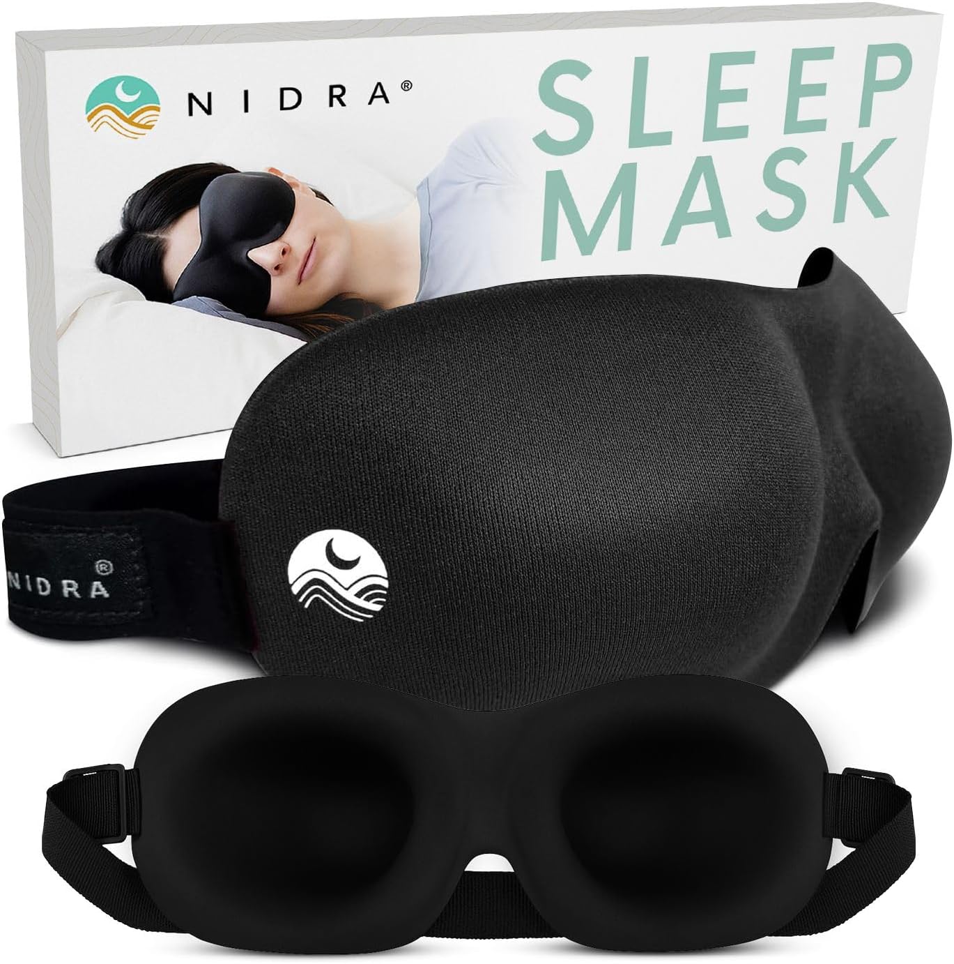 Nidra Contoured Sleep Mask for Side Sleepers – Zero Pressure Fit, Light Blocking Eye Shade for Sleeping & Travel – Black, Standard Size