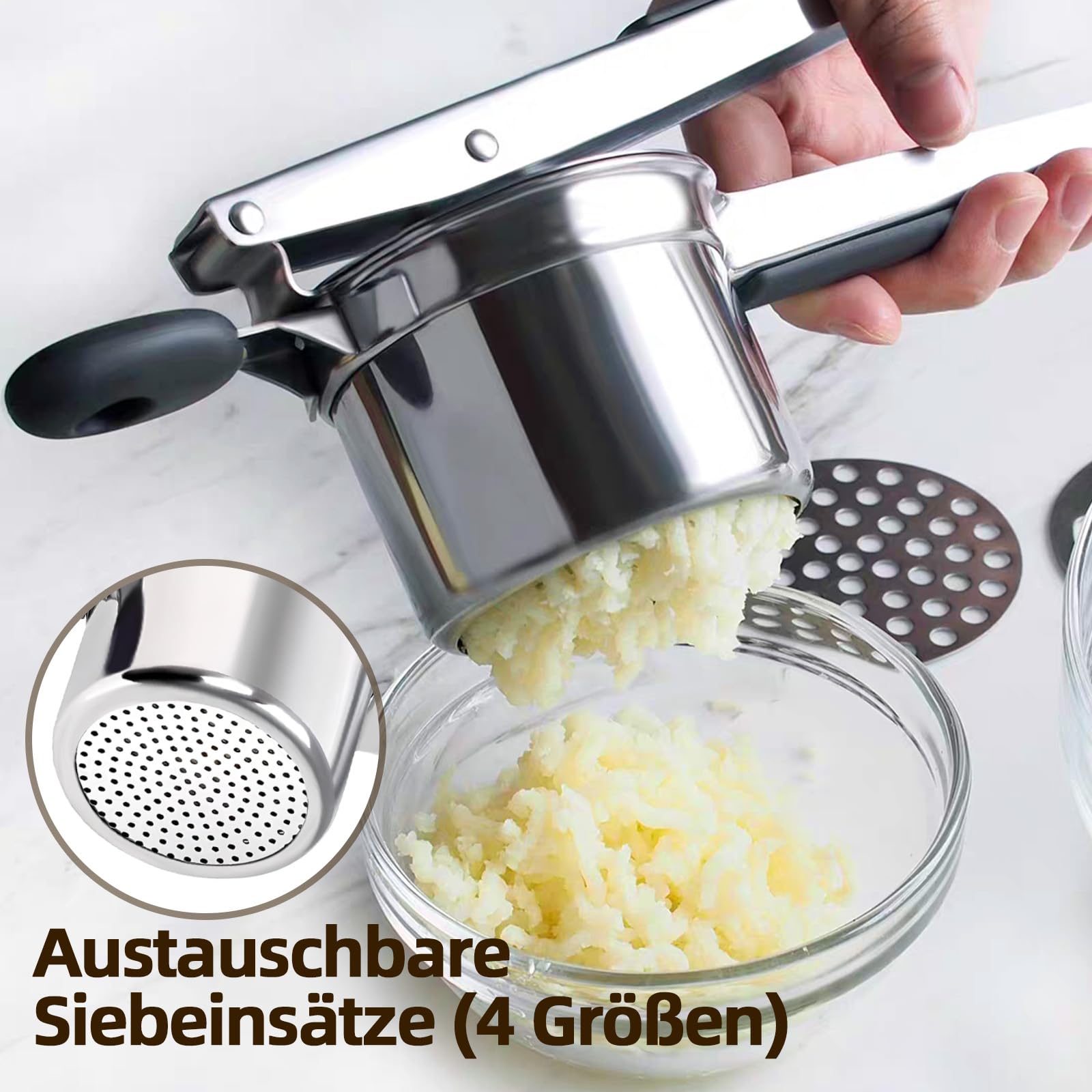 Kartoffelpresse Edelstahl, Spätzlepresse mit 4 Austauschbaren Spätzlesieb in Verschiedene Porengrößen & Silikon Griff, Potato Ricer für Kartoffelpüree, Spaghetti, Obstsäfte, Spätzle, Spülmaschinenfest