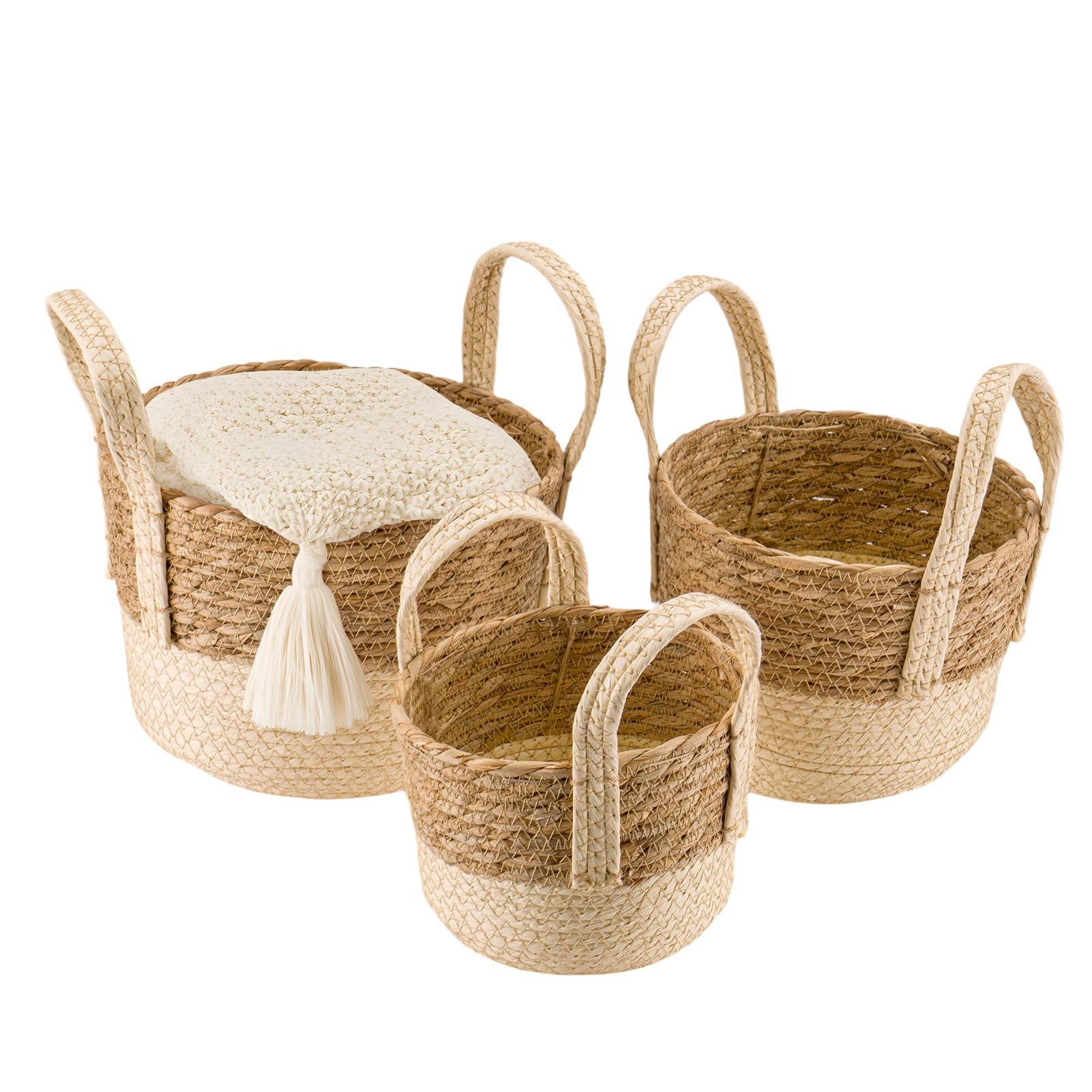 SUNNYNEST 3Pcs Woven Wicker Storage Baskets with Handles – Natural Decorative Storage Bins for Shelves, Laundry Room, Nursery, Closet & Home Organization