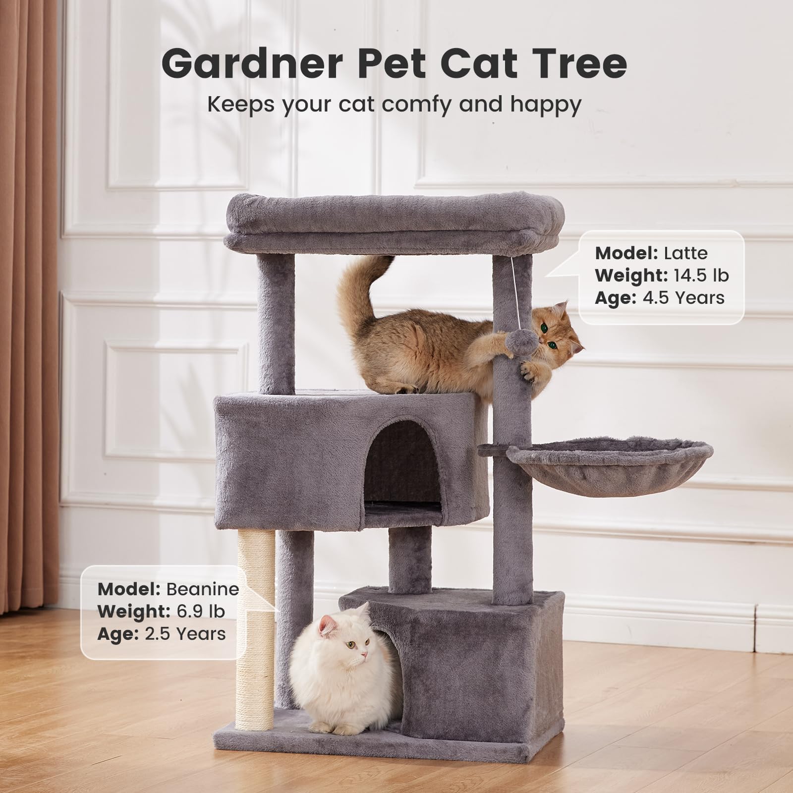 Gardner Pet Drzewko dla kota, duże drzewko do wspinaczki, 105 cm, z kolumną do drapaka, platformą, 2 jaskiniami, kosz dla kotów, zajmujący mało miejsca meble dla kota do mieszkania, ciemnoszary