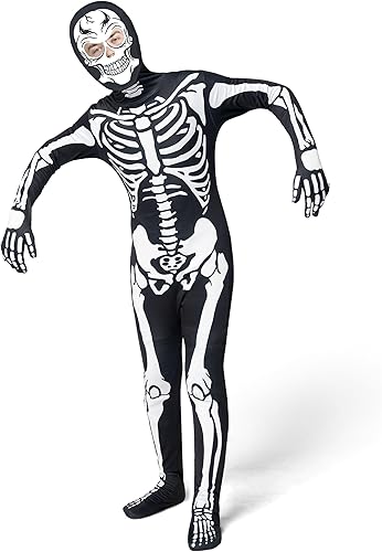 Miniatura 3 de Spooktacular Creations Disfraz de esqueleto para niños, body con capucha de esqueleto negro que brilla en la oscuridad para niños y niñas