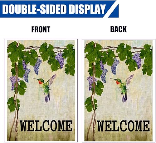 Miniatura 3 de Bandera de bienvenida de colibrí para jardín, hojas verdes de uva, vid, pájaro, arpillera, pequeñas banderas verticales de doble cara de 12.5 x 18