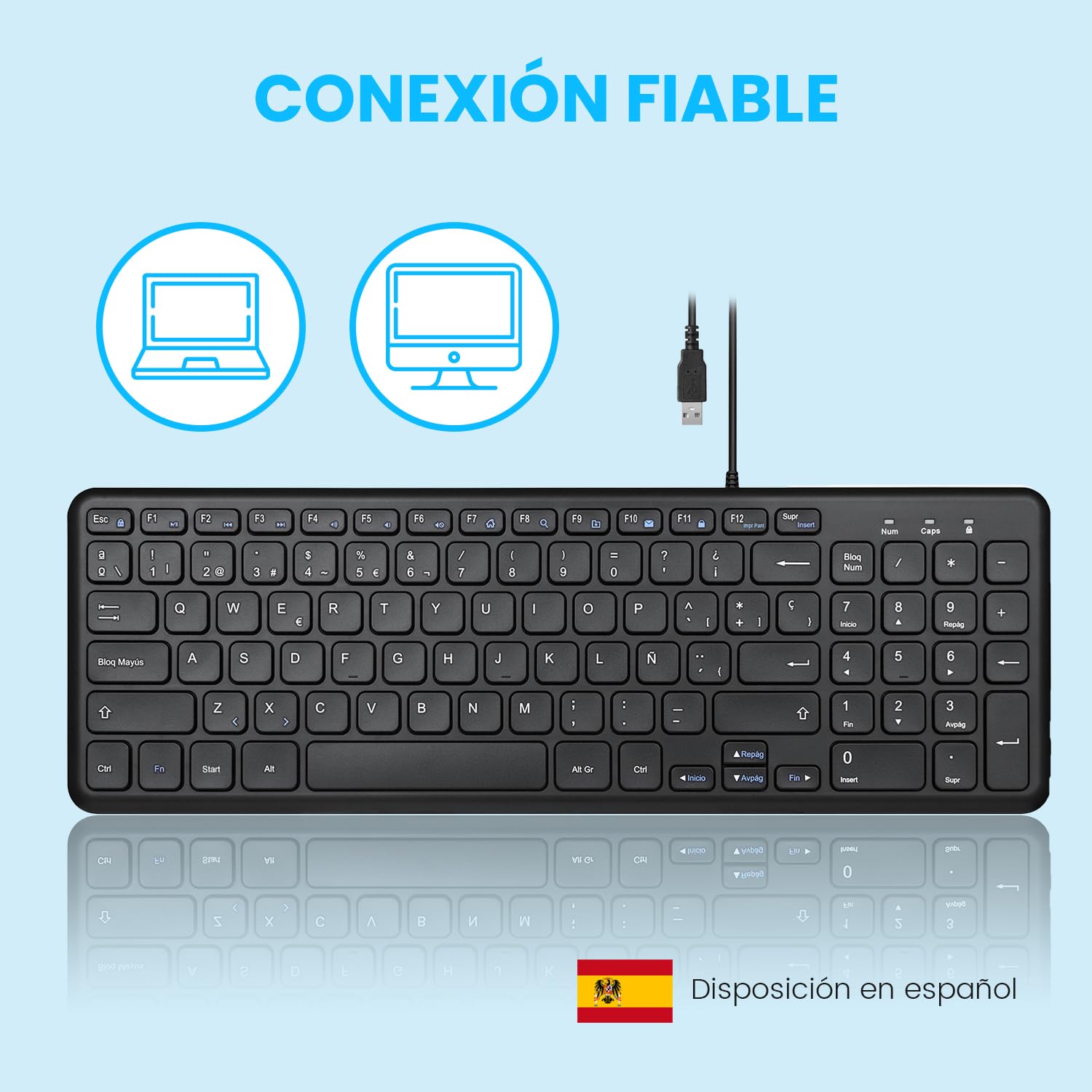 Perixx PERIBOARD-213B Teclado de Tijera USB silencioso con Cable - Diseño Compacto con Teclado numérico - Negro - Qwert Español con Ñ